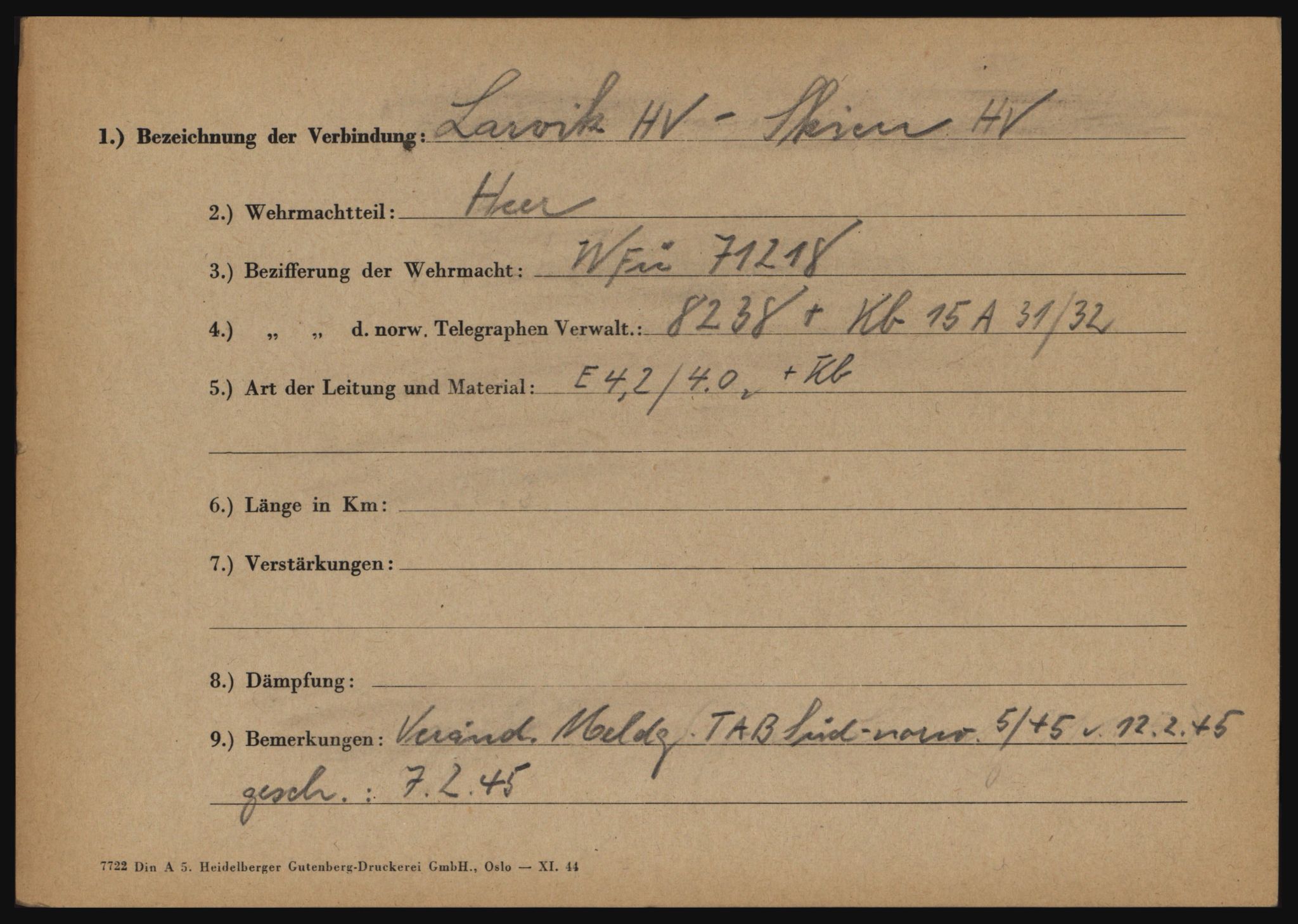Tyske arkiver, Organisation Todt (OT), Einsatzgruppe Wiking, RA/RAFA-2188/1/O/O12/L0004: Kartotek over tyske telefon- og fjernskriverlinjer i Norge, 1940-1945, s. 2