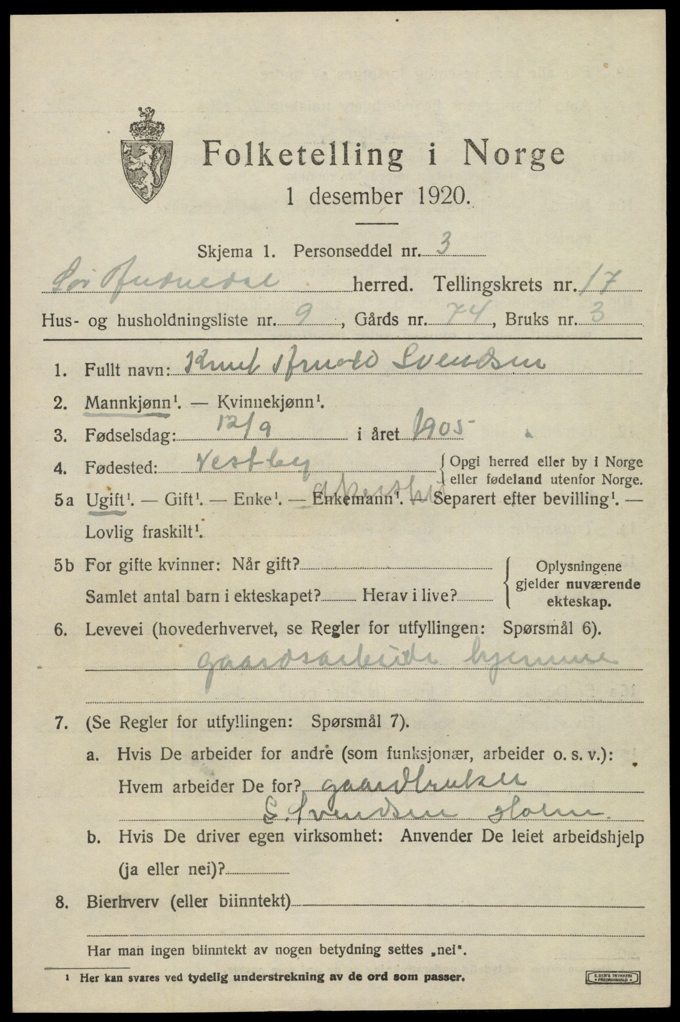 SAK, Folketelling 1920 for 1029 Sør-Audnedal herred, 1920, s. 6369