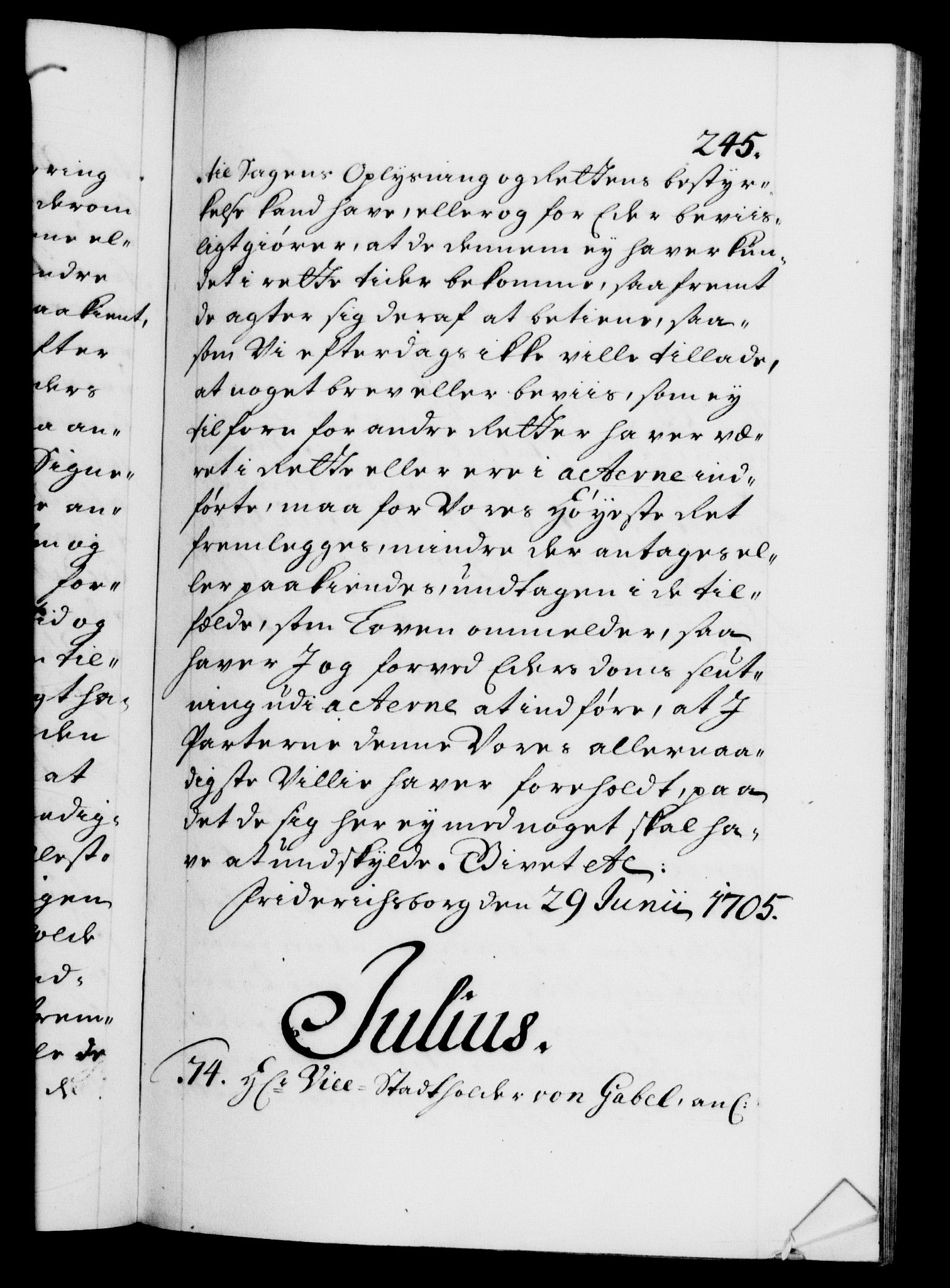 Danske Kanselli 1572-1799, AV/RA-EA-3023/F/Fc/Fca/Fcab/L0017: Norske tegnelser, 1704-1706, s. 245a