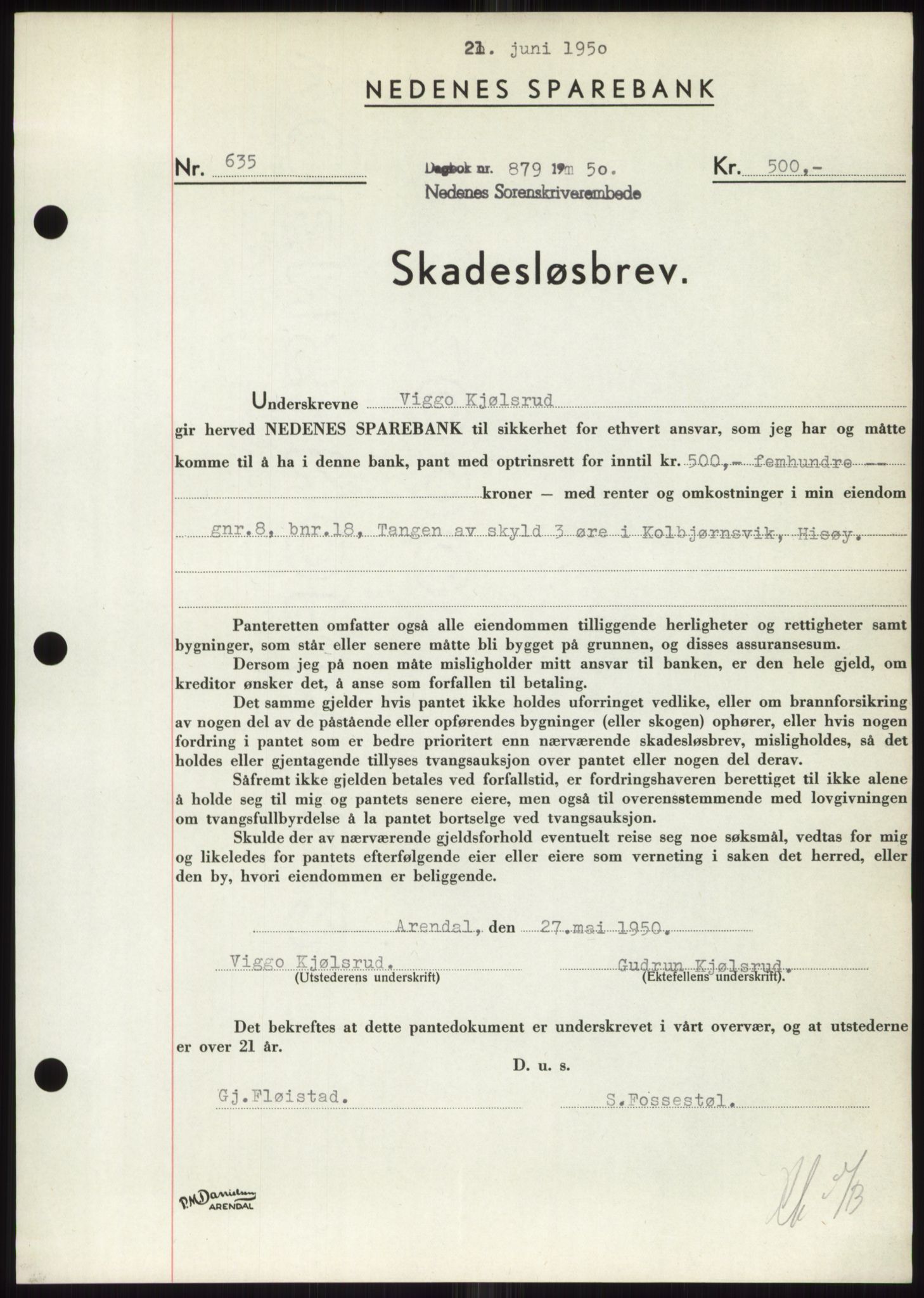 Nedenes sorenskriveri, SAK/1221-0006/G/Gb/Gbb/L0007: Pantebok nr. B7, 1949-1950, Dagboknr: 879/1950