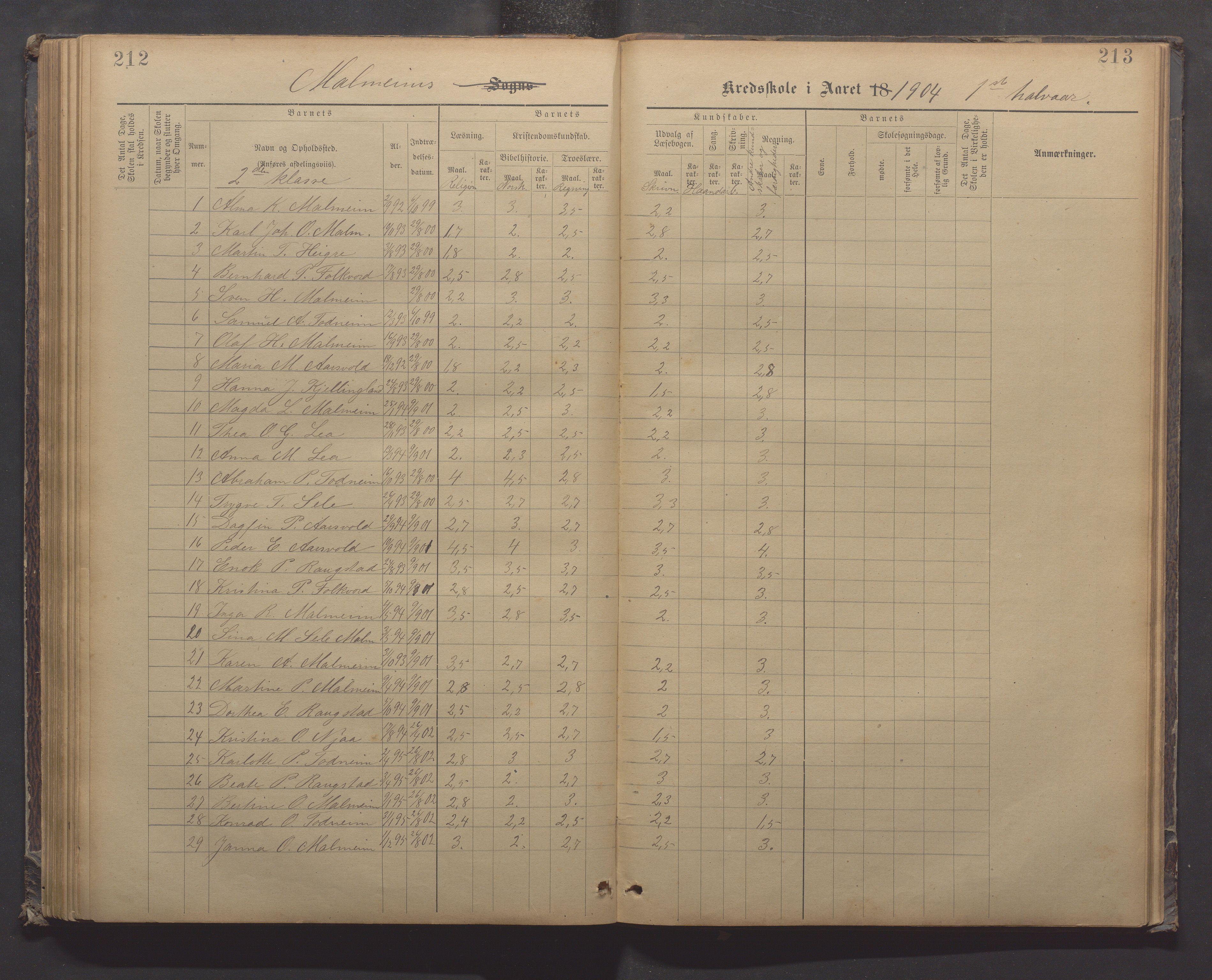 Høyland kommune - Malmheim skole, IKAR/K-100082/F/L0002: Skoleprotokoll, 1889-1909, s. 212-213