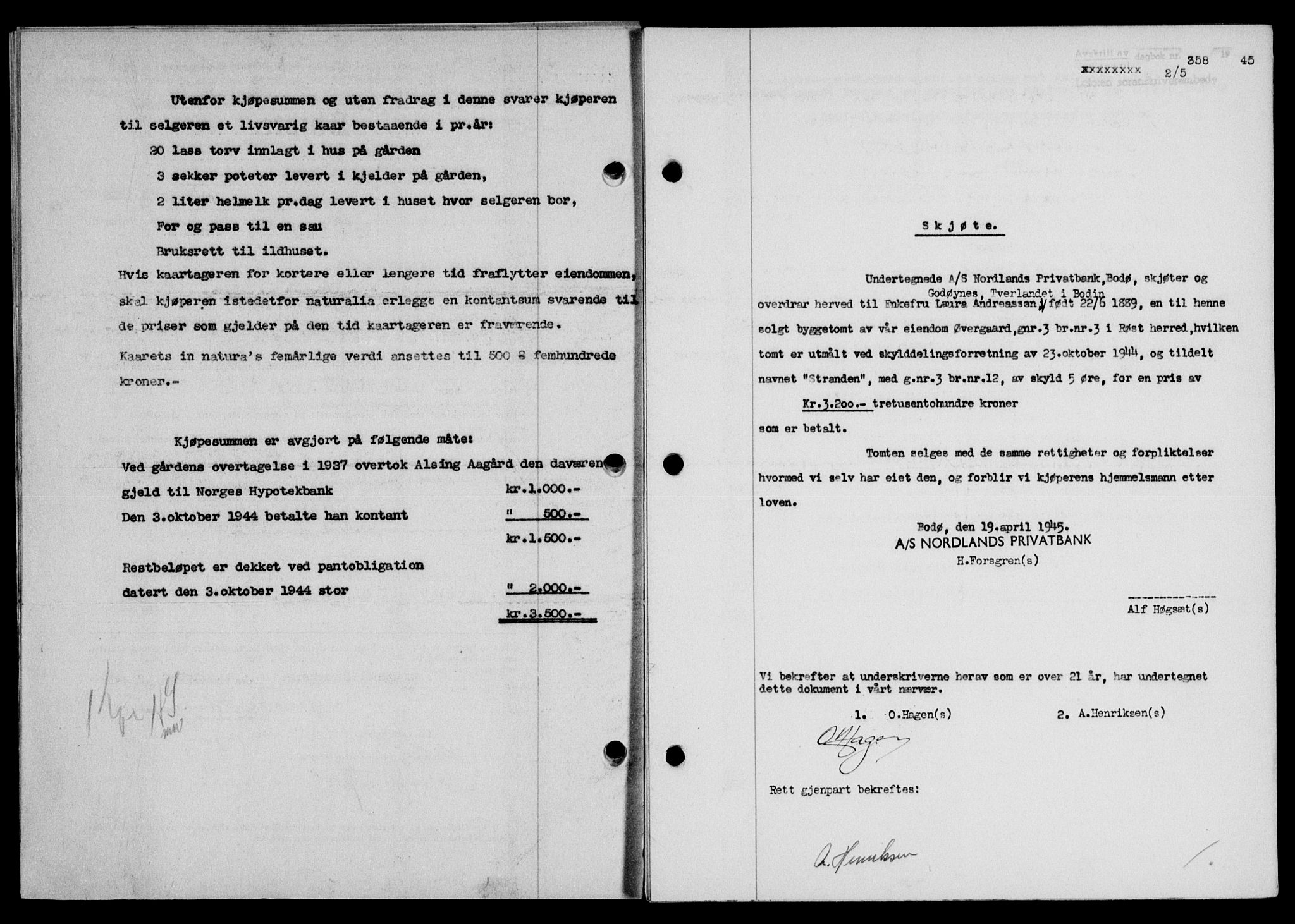 Lofoten sorenskriveri, SAT/A-0017/1/2/2C/L0013a: Pantebok nr. 13a, 1944-1946, Dagboknr: 358/1945