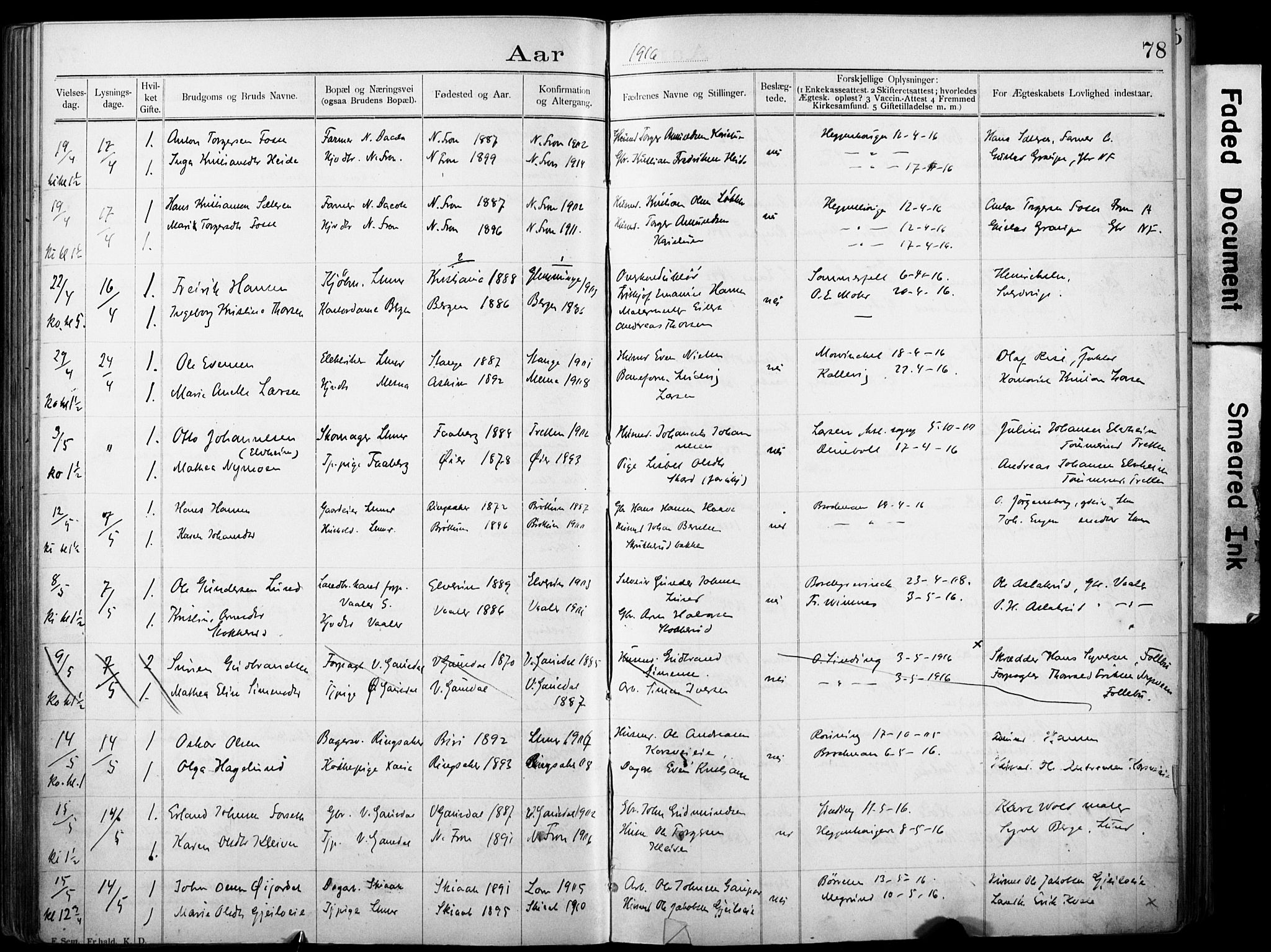 Lillehammer prestekontor, AV/SAH-PREST-088/I/Ie: Lysningsprotokoll nr. 1, 1903-1932, s. 78