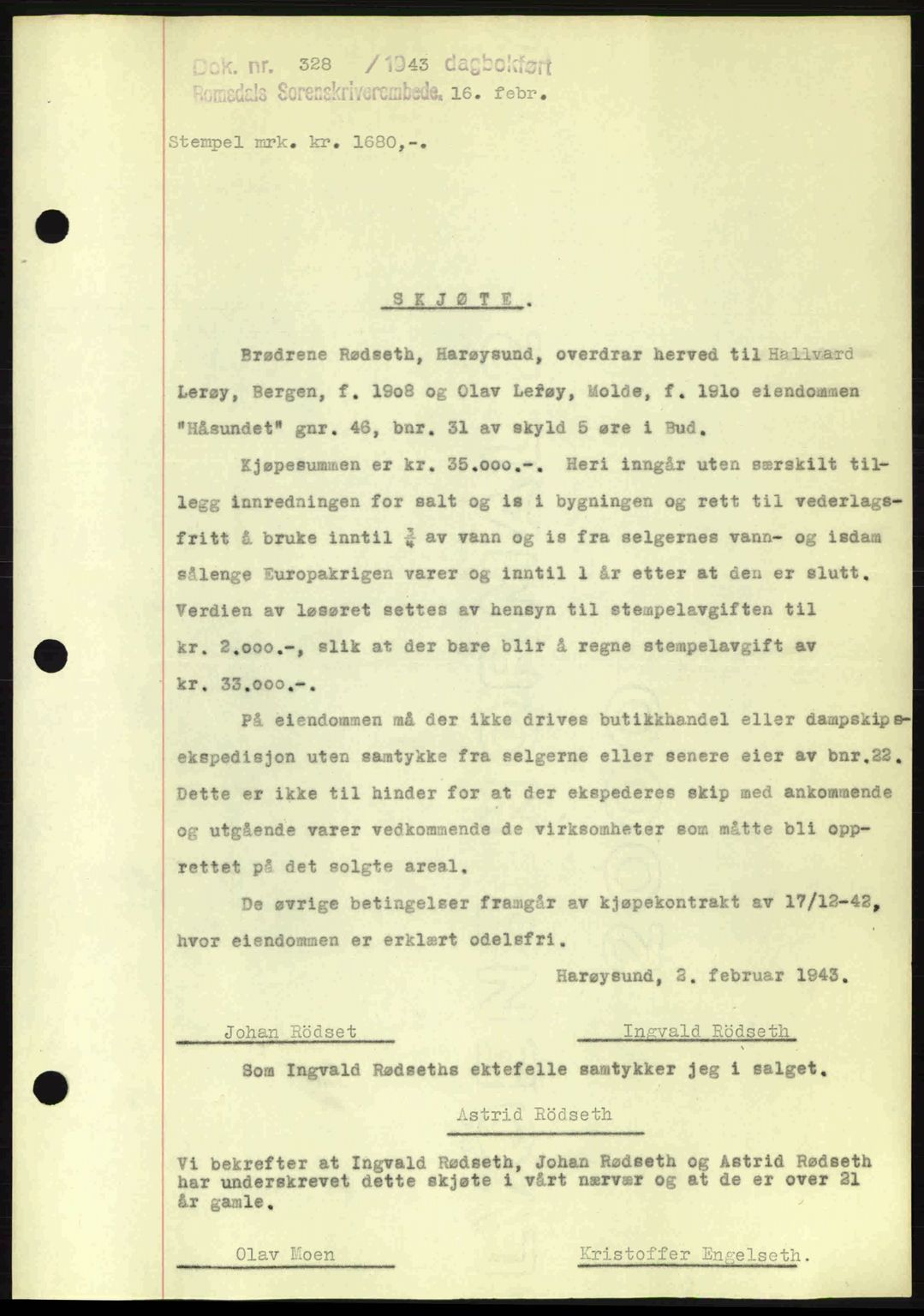 Romsdal sorenskriveri, SAT/A-4149/1/2/2C: Pantebok nr. A13, 1942-1943, Dagboknr: 328/1943