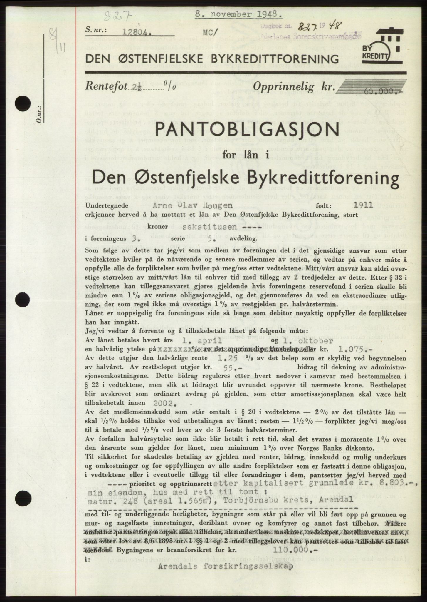 Arendal byfogd, SAK/1222-0001/G/Gb/Gbb/L0004: Pantebok nr. B3, 1947-1948, Dagboknr: 827/1948