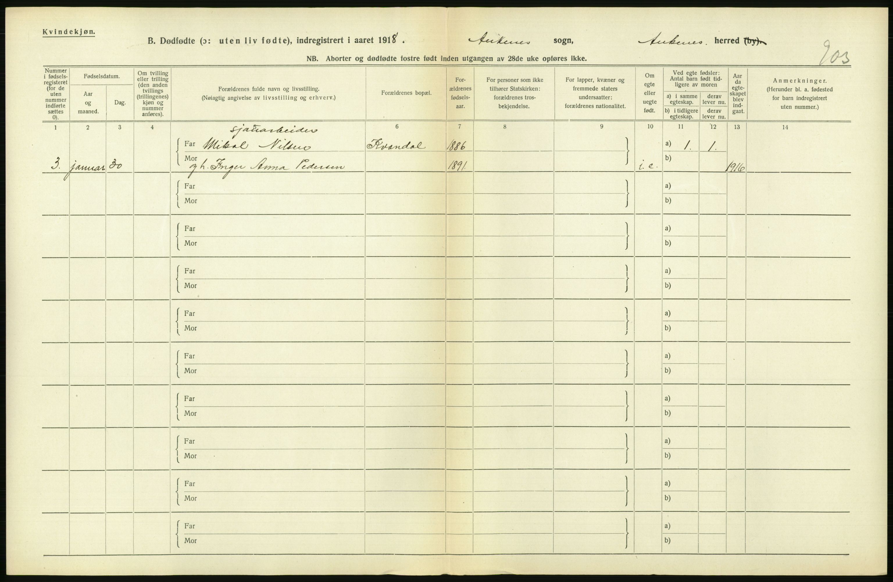 Statistisk sentralbyrå, Sosiodemografiske emner, Befolkning, AV/RA-S-2228/D/Df/Dfb/Dfbh/L0054: Nordland fylke: Gifte, dødfødte. Bygder og byer., 1918, s. 468