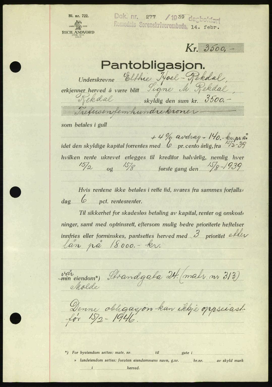 Romsdal sorenskriveri, SAT/A-4149/1/2/2C: Pantebok nr. B1, 1936-1939, Dagboknr: 277/1939