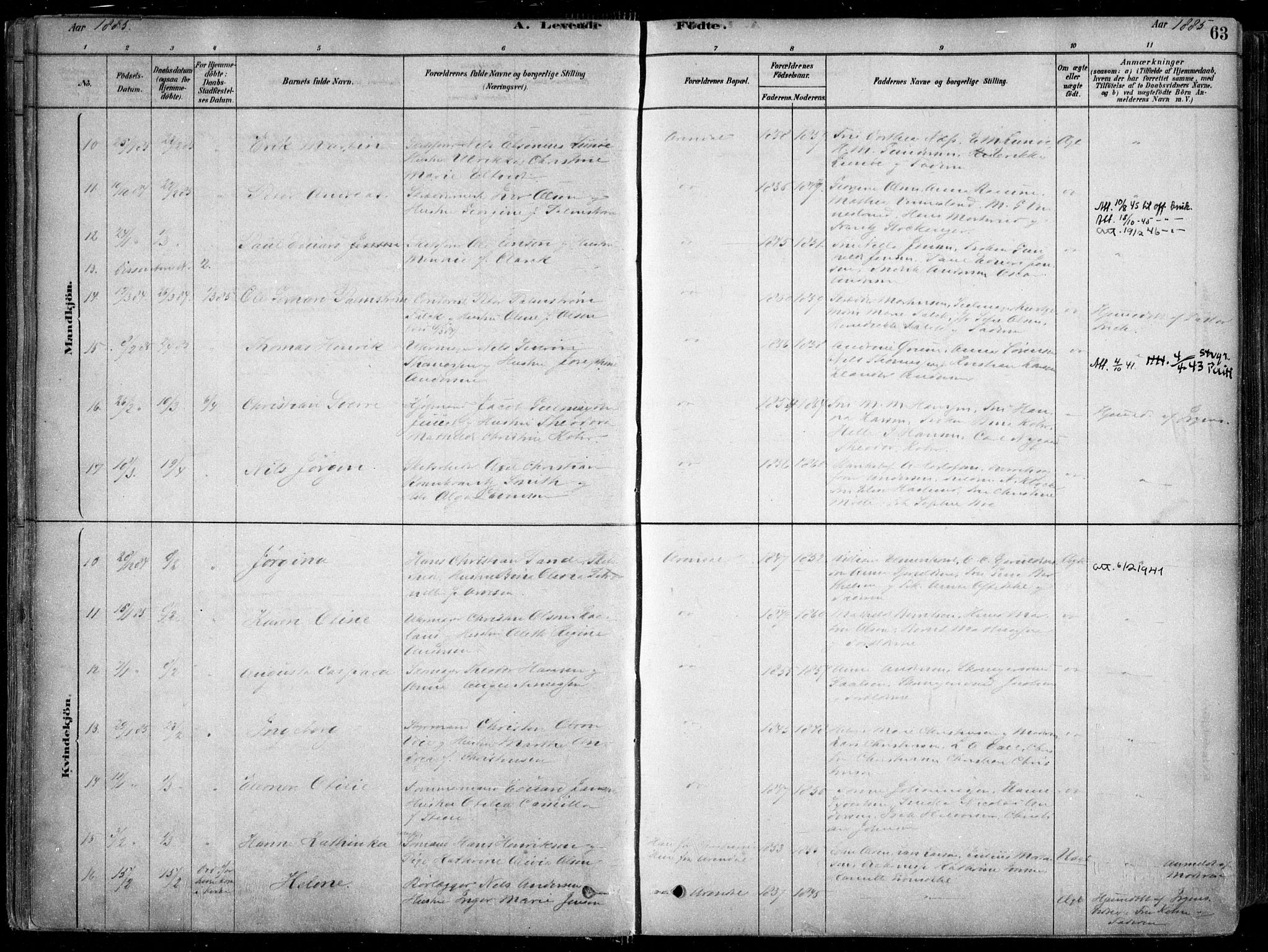 Arendal sokneprestkontor, Trefoldighet, AV/SAK-1111-0040/F/Fa/L0008: Ministerialbok nr. A 8, 1878-1899, s. 63