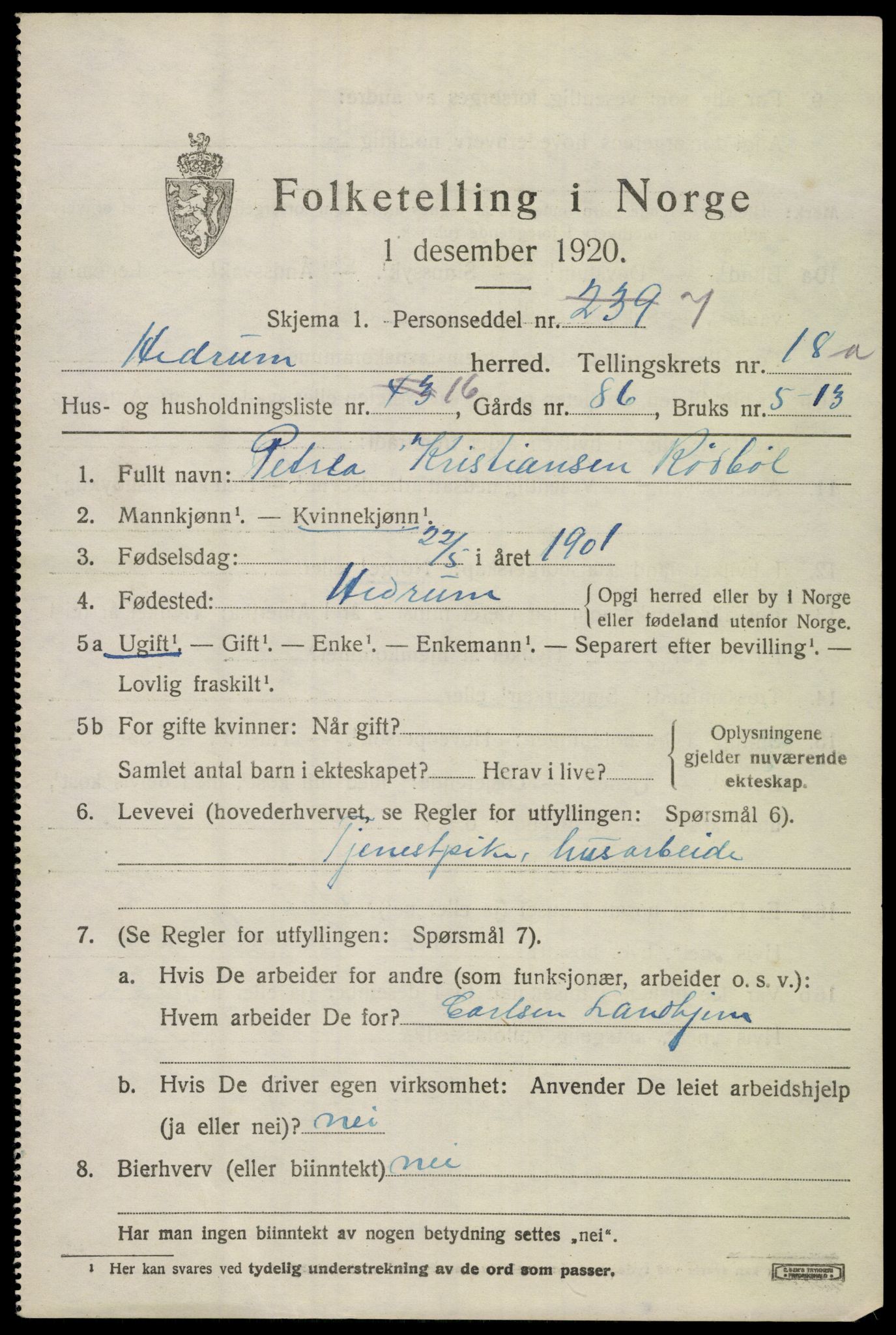 SAKO, Folketelling 1920 for 0727 Hedrum herred, 1920, s. 10983