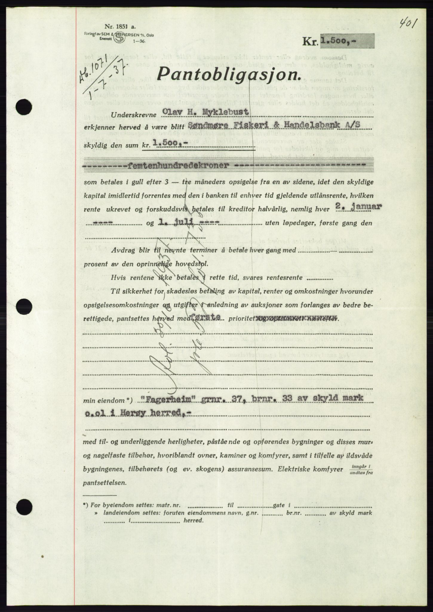 Søre Sunnmøre sorenskriveri, AV/SAT-A-4122/1/2/2C/L0063: Pantebok nr. 57, 1937-1937, Dagboknr: 1071/1937