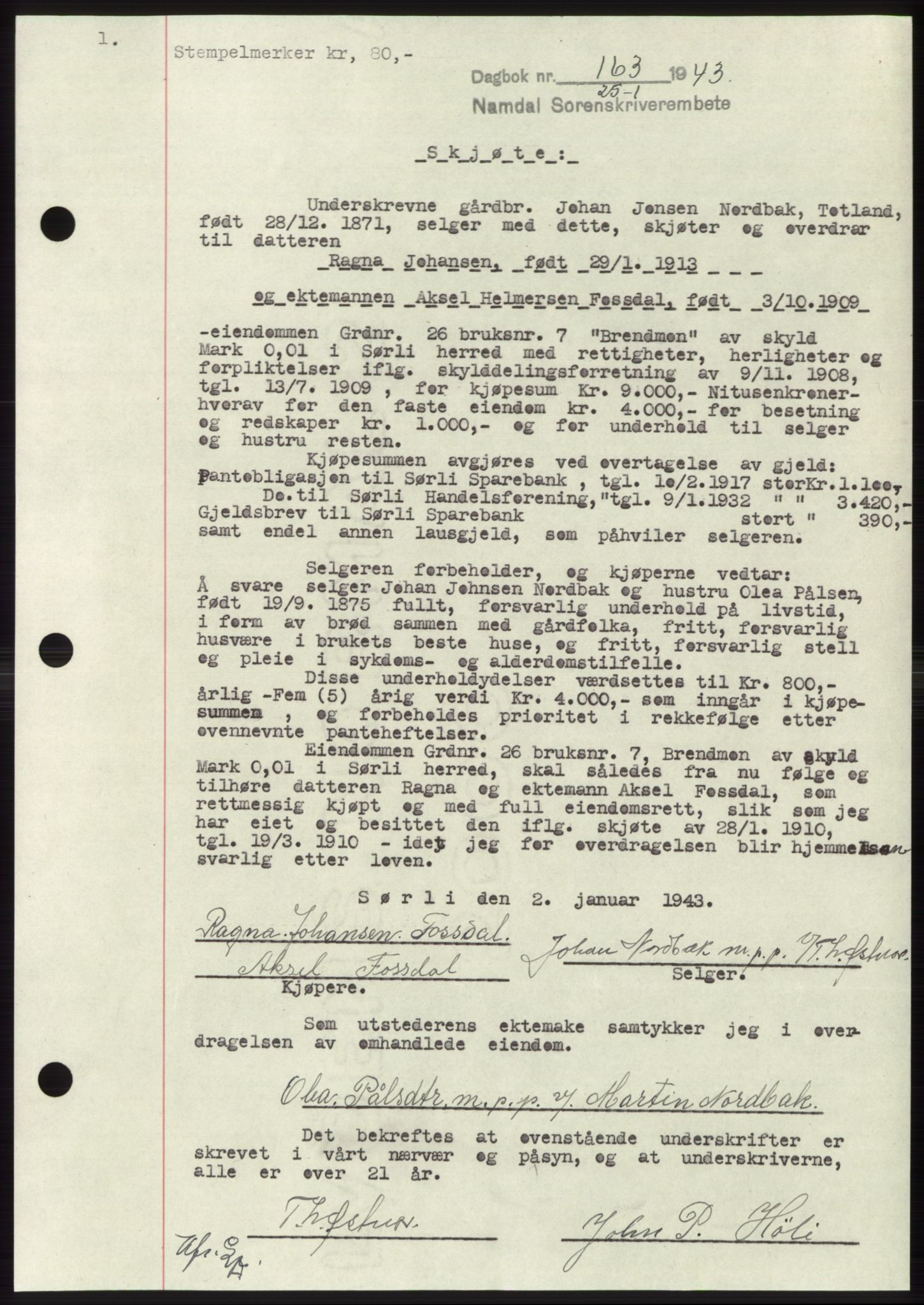 Namdal sorenskriveri, SAT/A-4133/1/2/2C: Pantebok nr. -, 1942-1943, Dagboknr: 163/1943