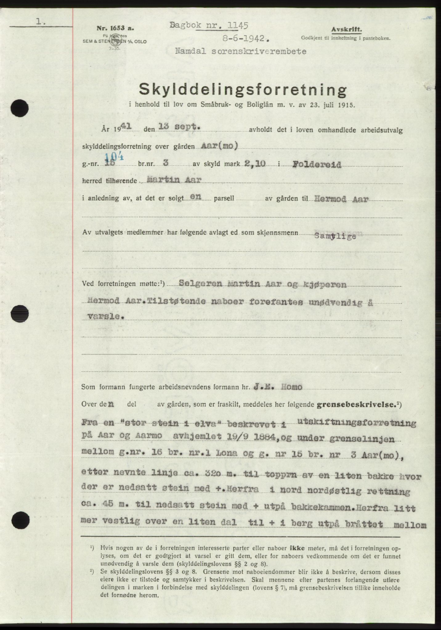 Namdal sorenskriveri, SAT/A-4133/1/2/2C: Pantebok nr. -, 1941-1942, Dagboknr: 1145/1942