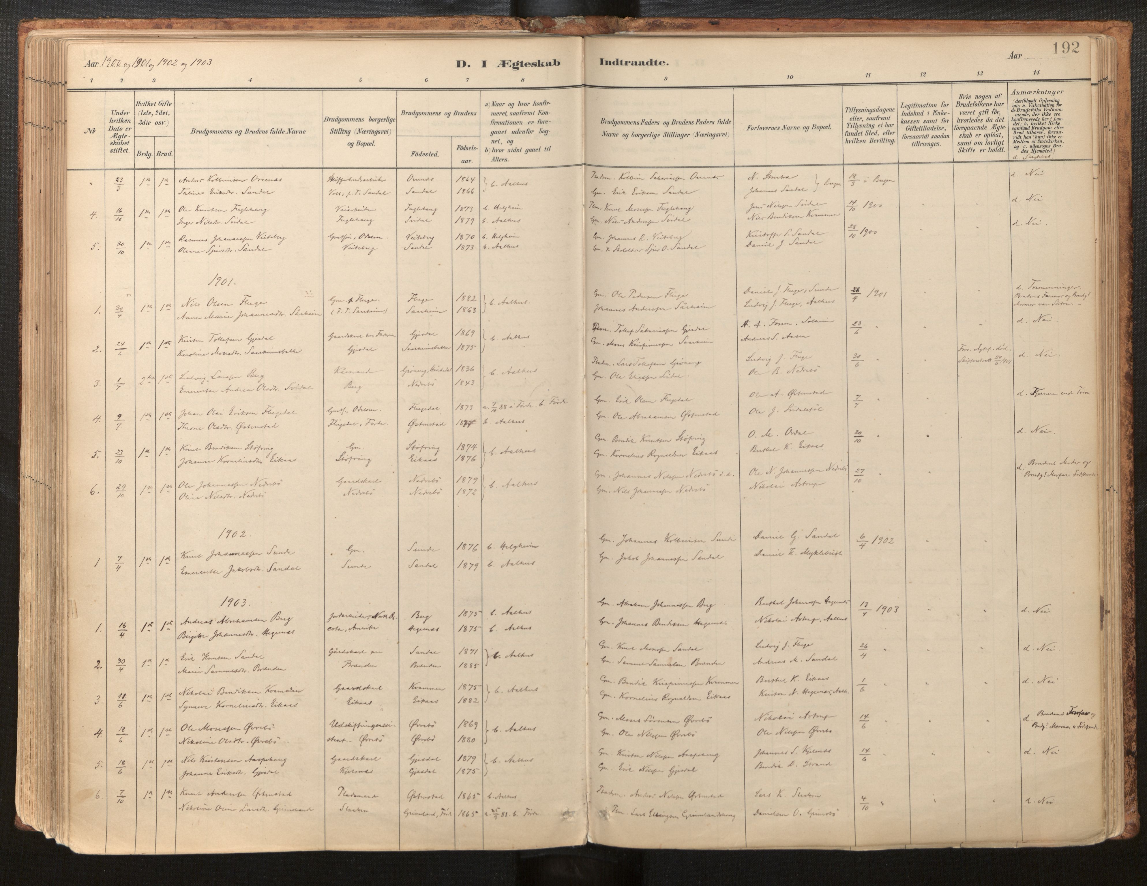 Jølster sokneprestembete, AV/SAB-A-80701/H/Haa/Haab/L0001: Ministerialbok nr. B 1, 1882-1930, s. 192
