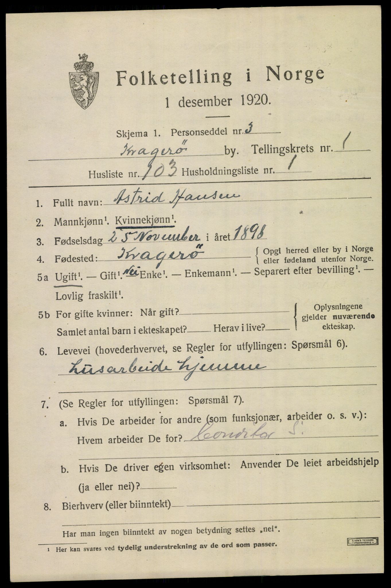 SAKO, Folketelling 1920 for 0801 Kragerø kjøpstad, 1920, s. 5289