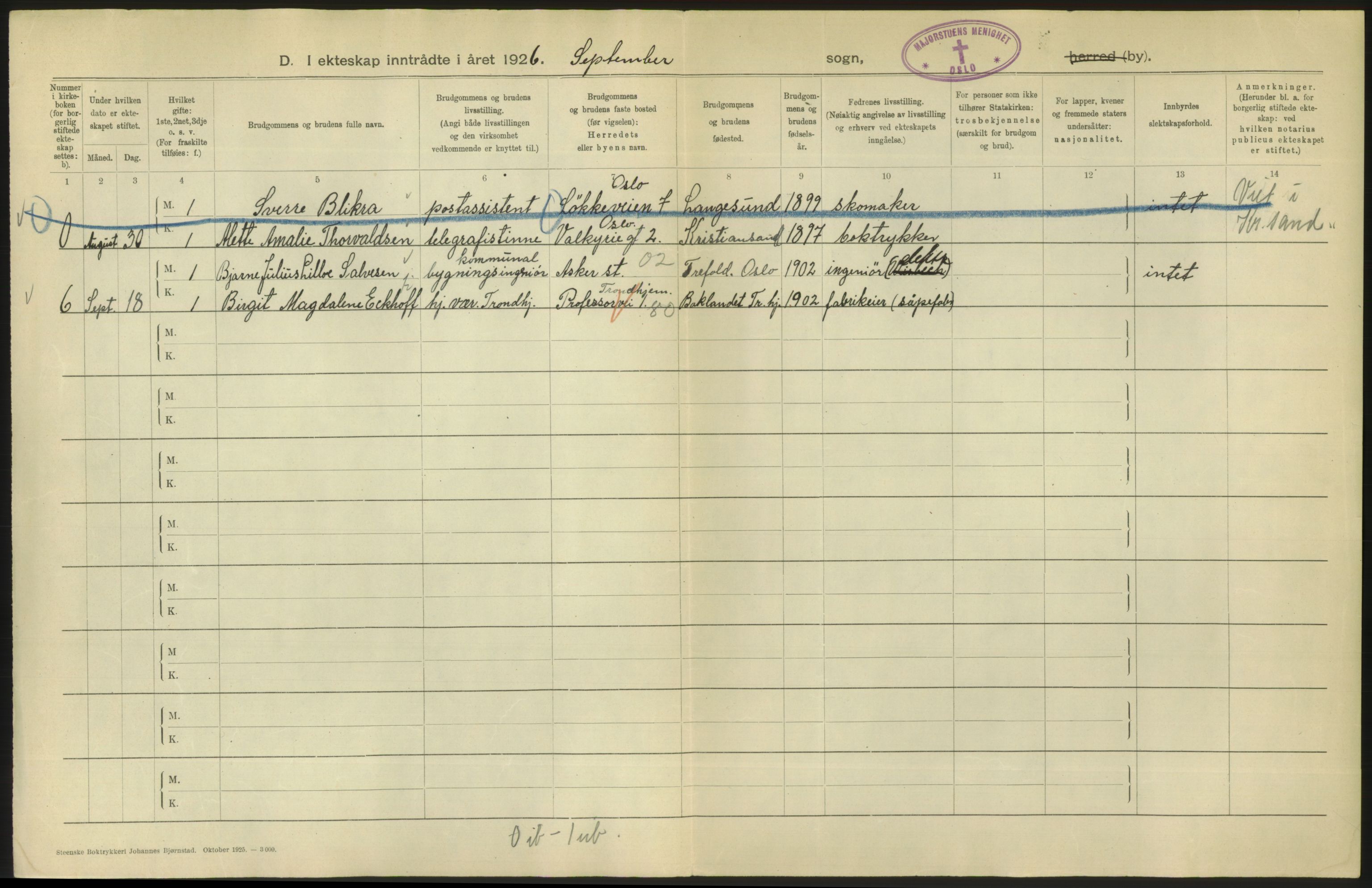 Statistisk sentralbyrå, Sosiodemografiske emner, Befolkning, AV/RA-S-2228/D/Df/Dfc/Dfcf/L0008: Oslo: Gifte, 1926, s. 862