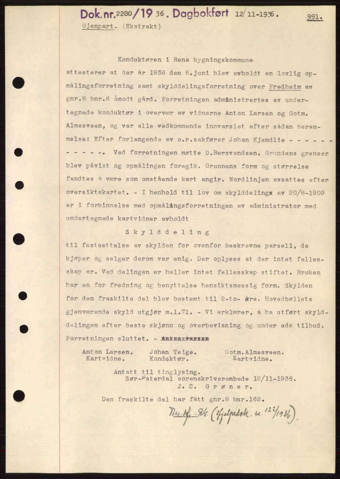 Sør-Østerdal sorenskriveri, SAH/TING-018/H/Hb/Hbb/L0054: Pantebok nr. A54, 1936-1936, Dagboknr: 2280/1936