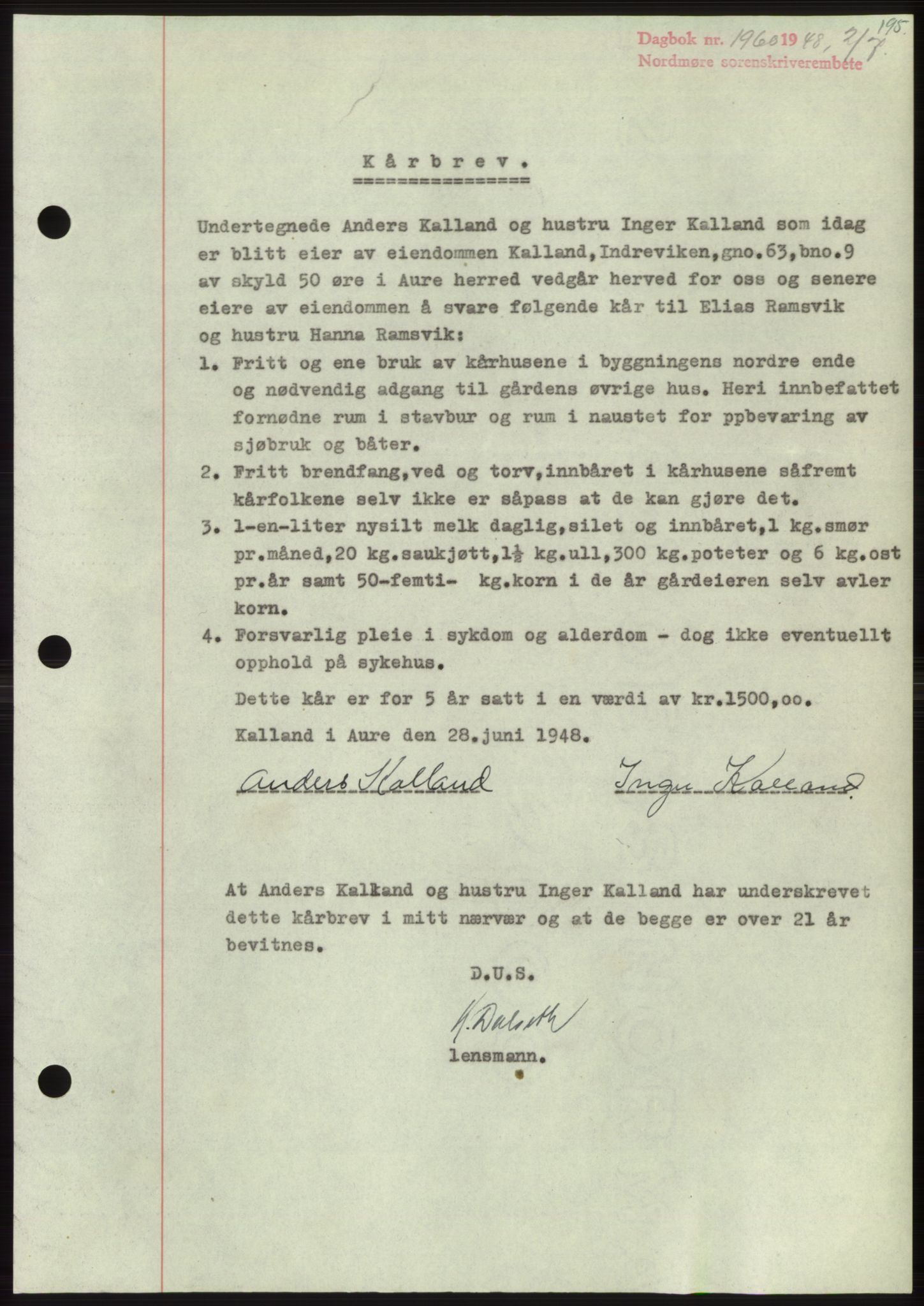 Nordmøre sorenskriveri, SAT/A-4132/1/2/2Ca: Pantebok nr. B99, 1948-1948, Dagboknr: 1960/1948