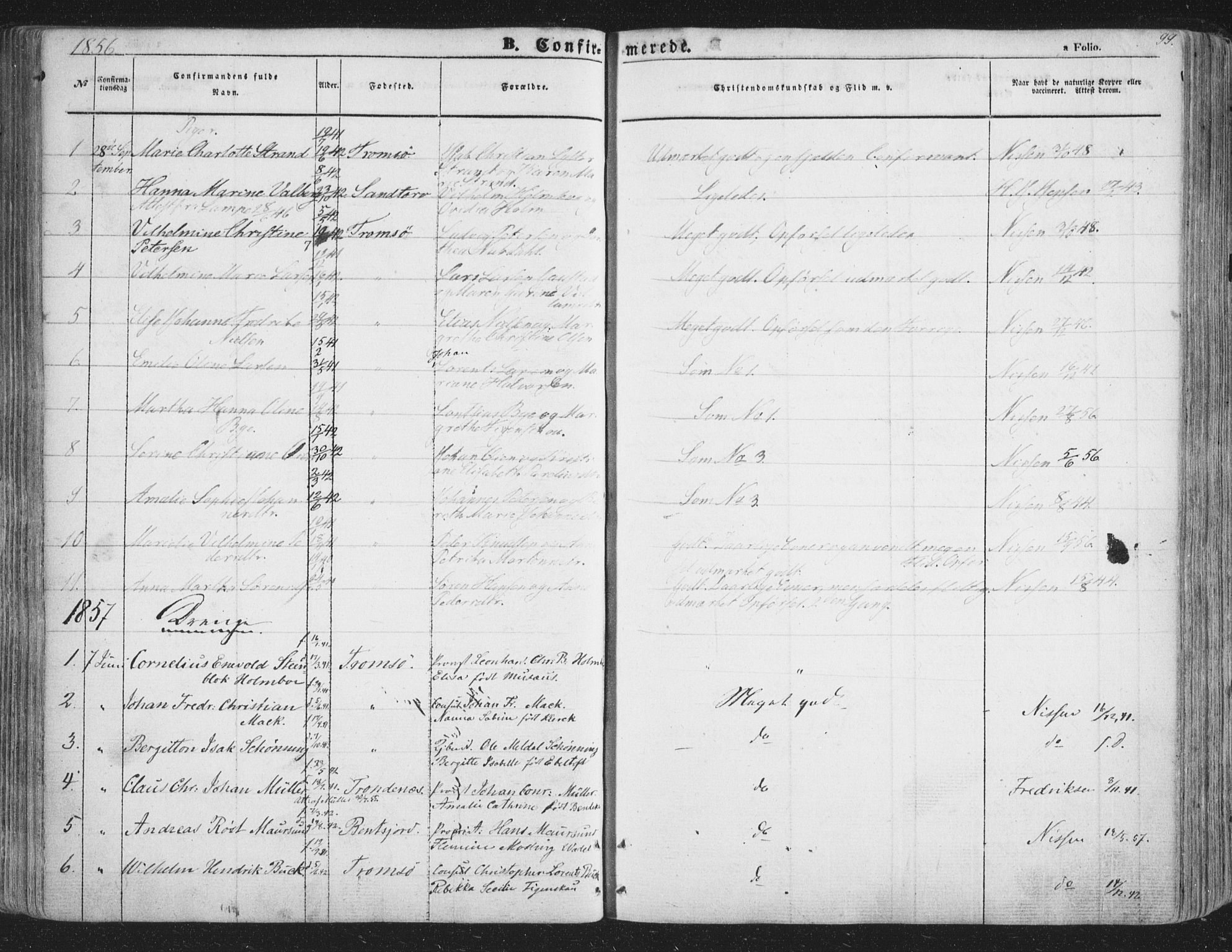 Tromsø sokneprestkontor/stiftsprosti/domprosti, AV/SATØ-S-1343/G/Ga/L0011kirke: Ministerialbok nr. 11, 1856-1865, s. 99