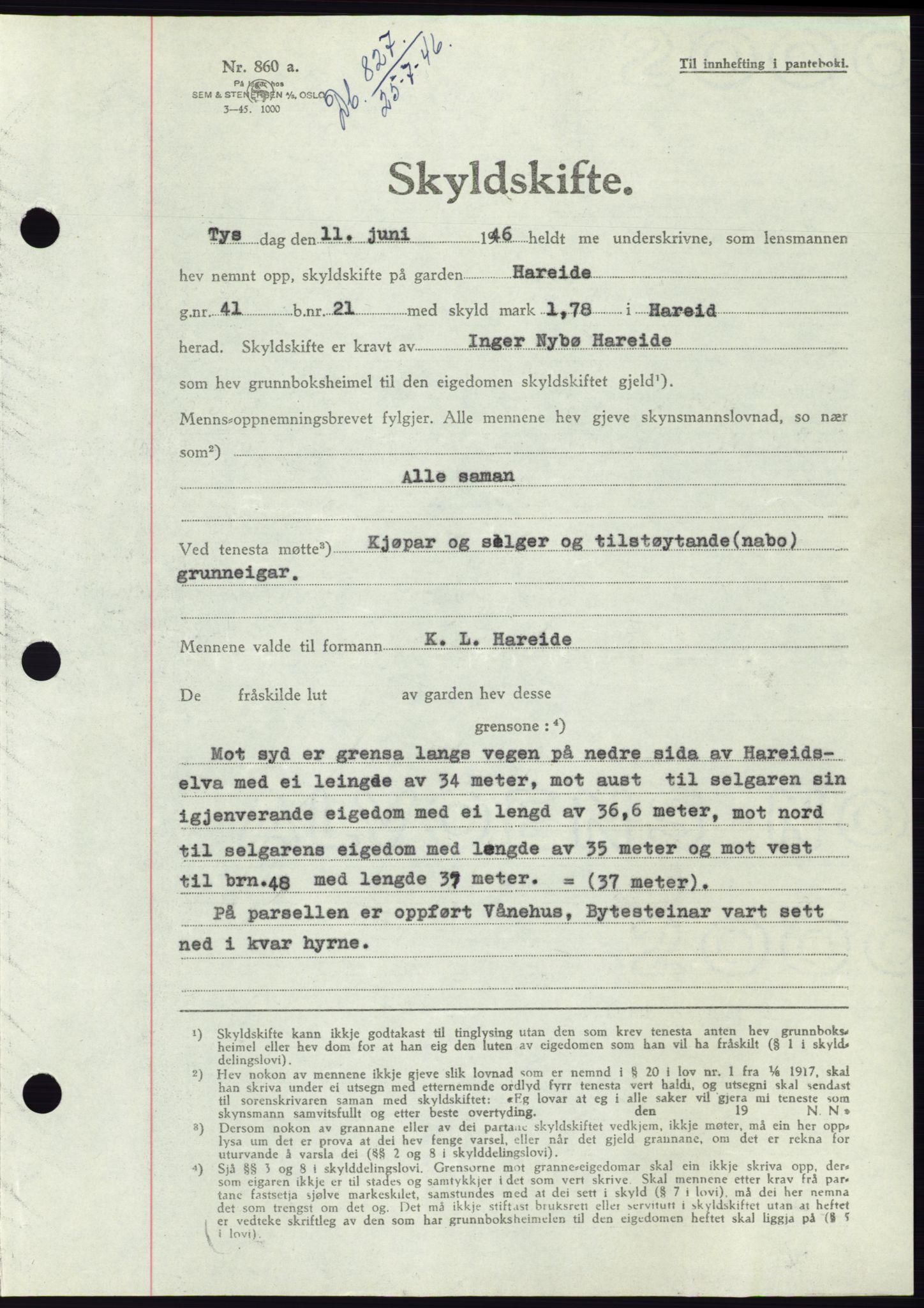 Søre Sunnmøre sorenskriveri, SAT/A-4122/1/2/2C/L0078: Pantebok nr. 4A, 1946-1946, Dagboknr: 827/1946