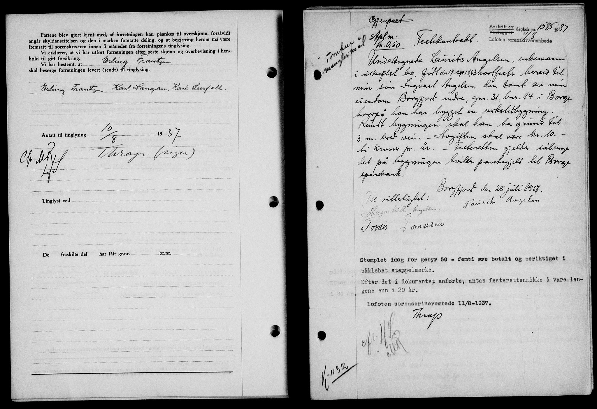 Lofoten sorenskriveri, SAT/A-0017/1/2/2C/L0002a: Pantebok nr. 2a, 1937-1937, Dagboknr: 1585/1937