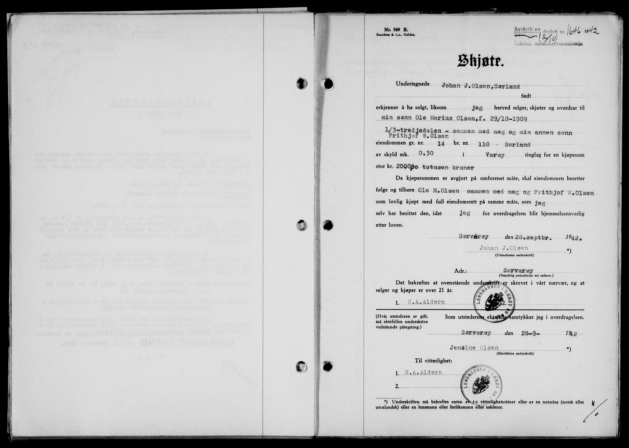 Lofoten sorenskriveri, SAT/A-0017/1/2/2C/L0010a: Pantebok nr. 10a, 1942-1943, Dagboknr: 1646/1942