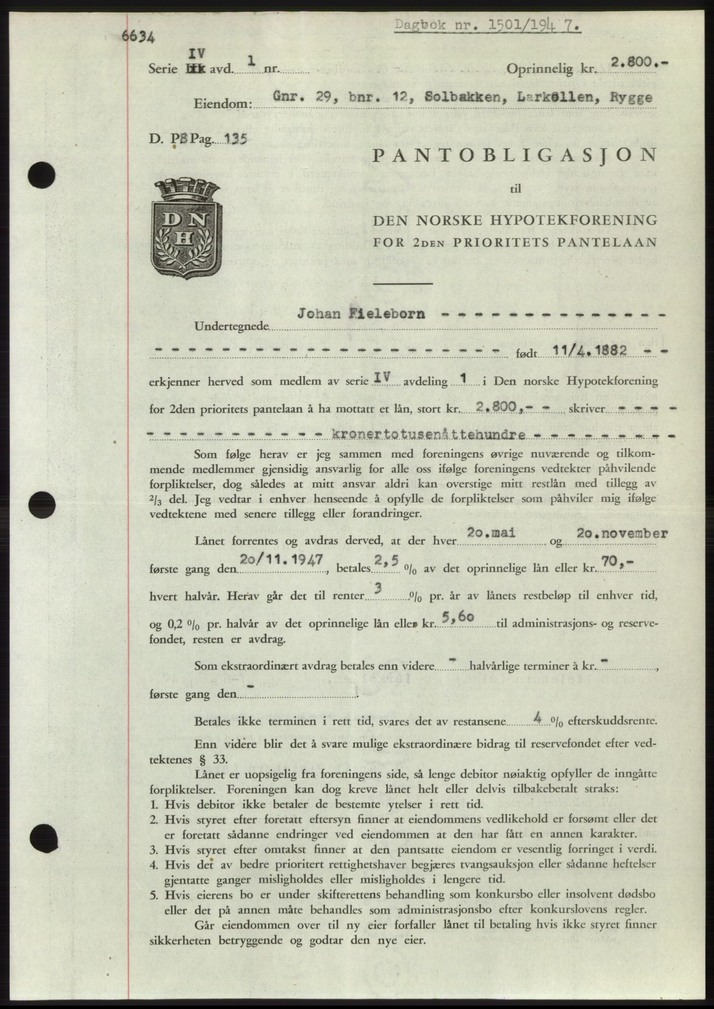 Moss sorenskriveri, SAO/A-10168: Pantebok nr. B17, 1947-1947, Dagboknr: 1501/1947