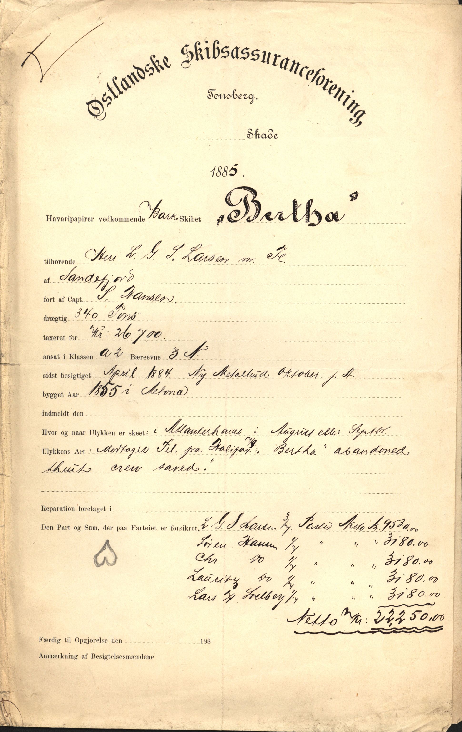 Pa 63 - Østlandske skibsassuranceforening, VEMU/A-1079/G/Ga/L0018/0011: Havaridokumenter / Bertha, Bonita, Immanuel, Th. Thoresen, India, 1885, s. 1
