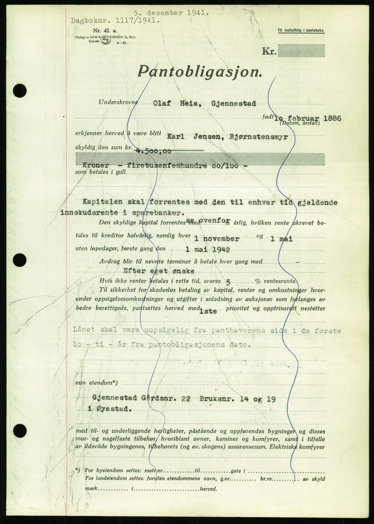Nedenes sorenskriveri, SAK/1221-0006/G/Gb/Gbb/L0001: Pantebok nr. I, 1939-1942, Dagboknr: 1117/1941