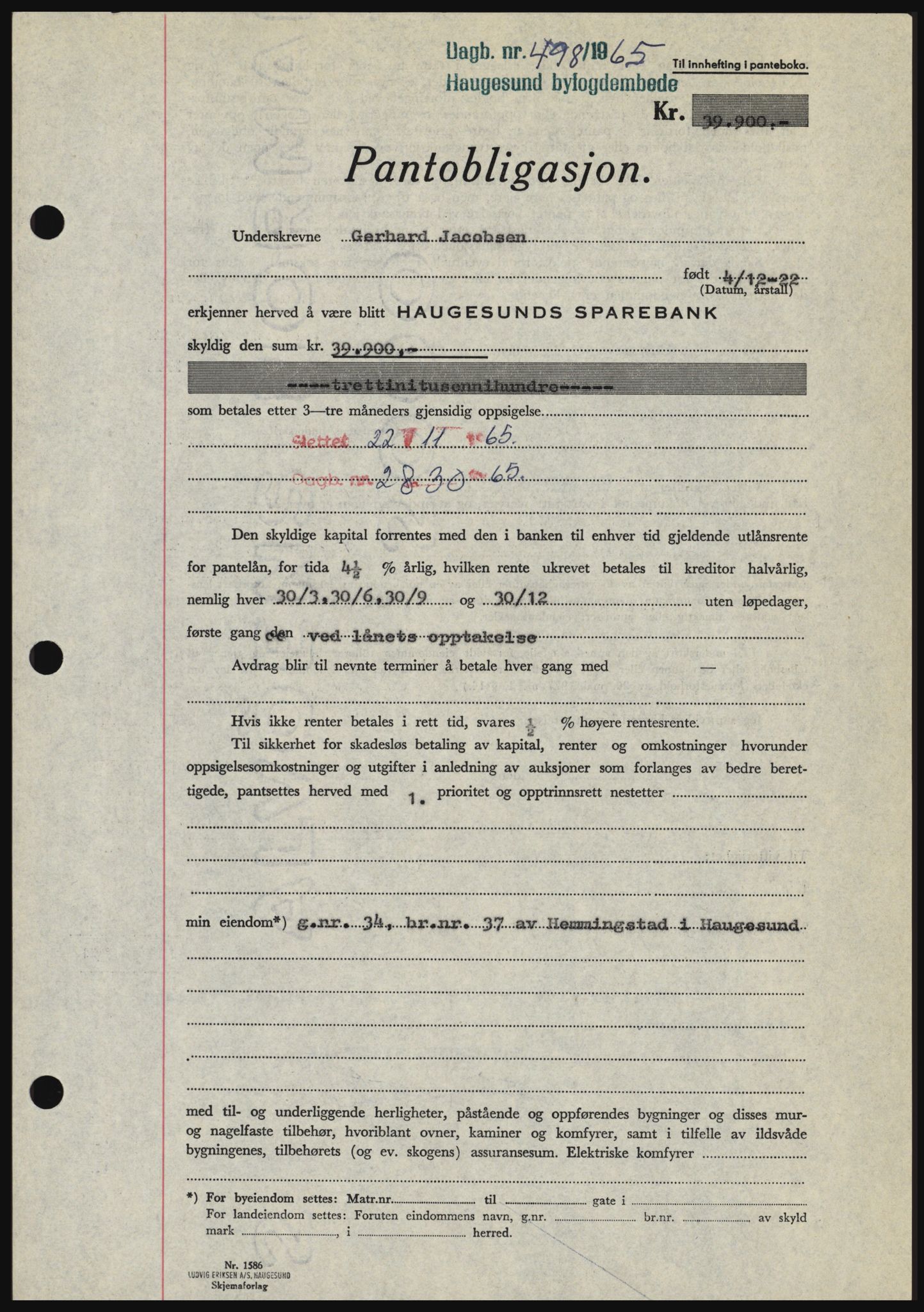 Haugesund tingrett, SAST/A-101415/01/II/IIC/L0053: Pantebok nr. B 53, 1965-1965, Dagboknr: 498/1965