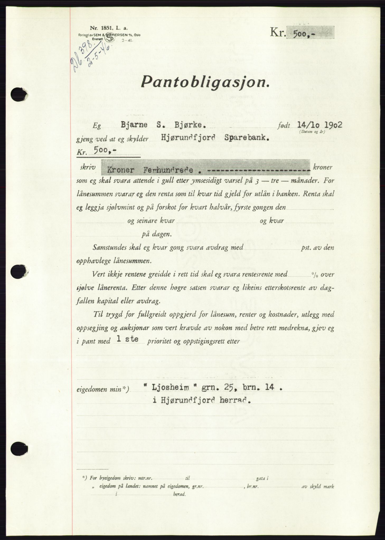 Søre Sunnmøre sorenskriveri, AV/SAT-A-4122/1/2/2C/L0114: Pantebok nr. 1-2B, 1943-1947, Dagboknr: 398/1946