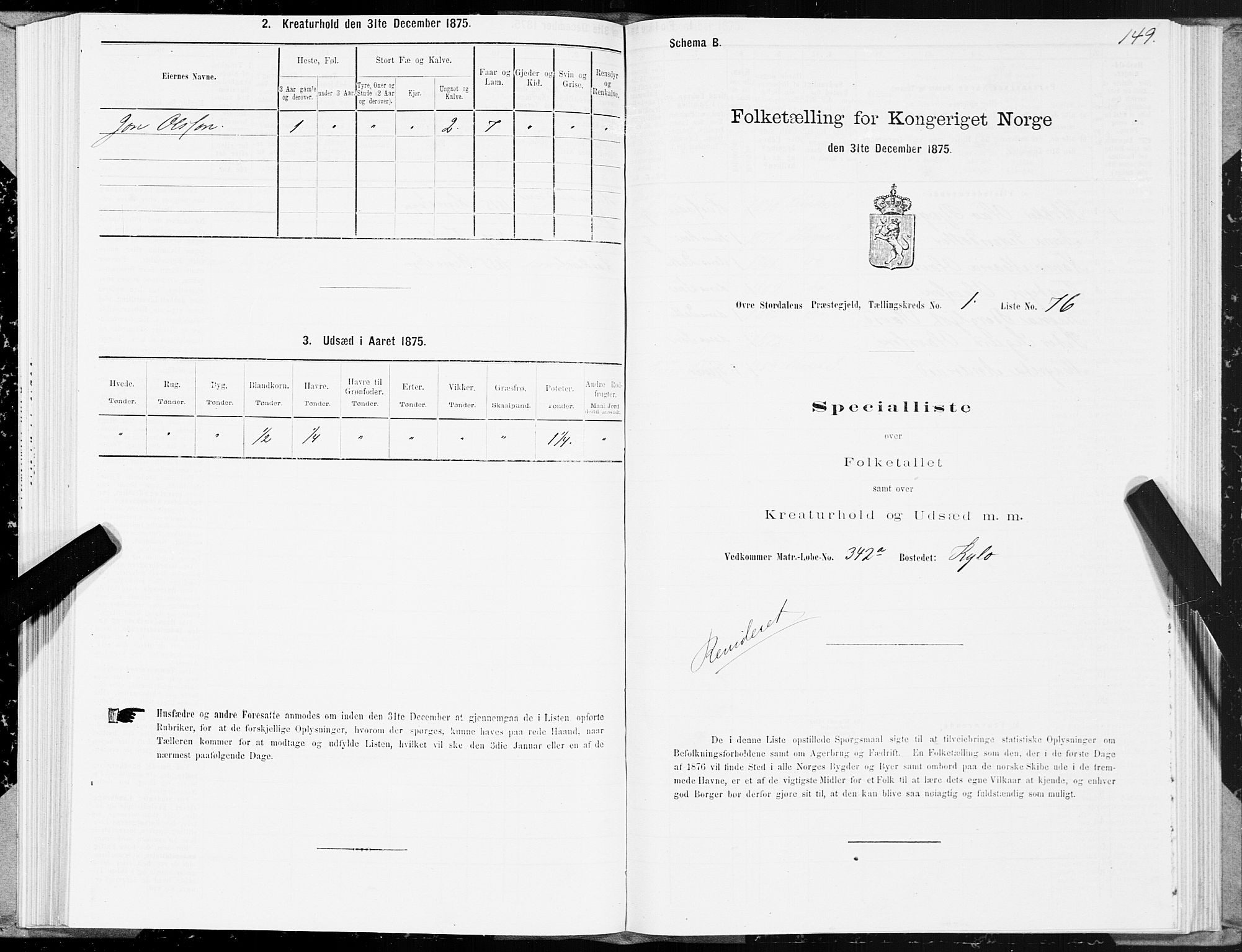 SAT, Folketelling 1875 for 1711P Øvre Stjørdal prestegjeld, 1875, s. 1149