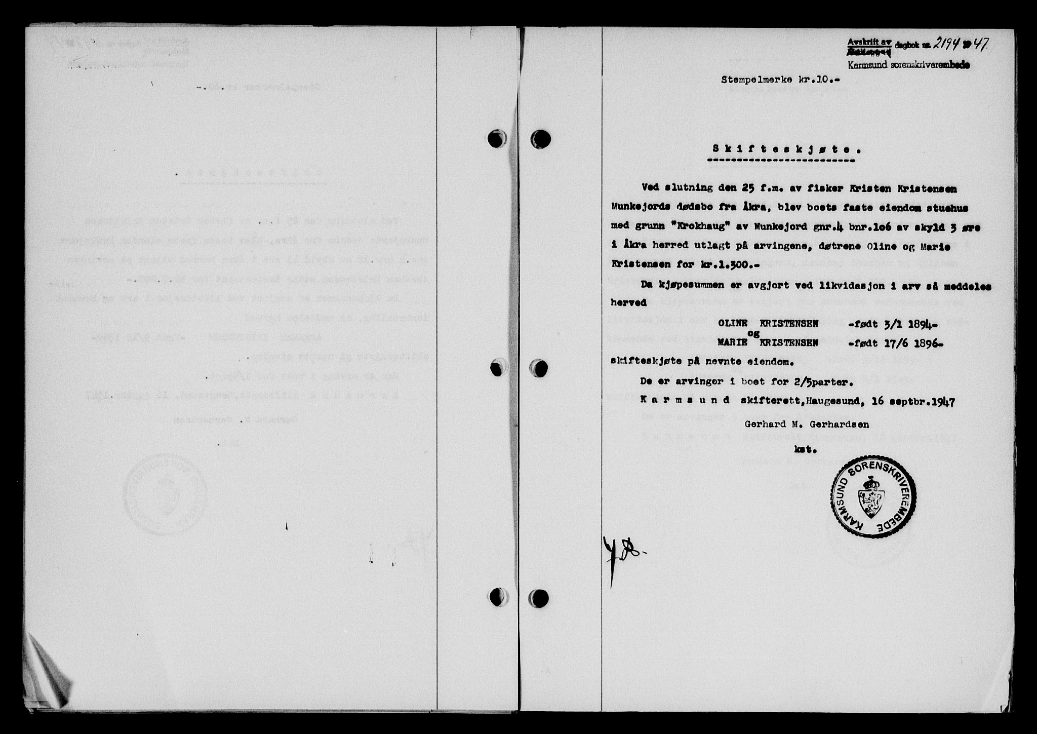 Karmsund sorenskriveri, SAST/A-100311/01/II/IIB/L0090: Pantebok nr. 70A, 1947-1947, Dagboknr: 2194/1947