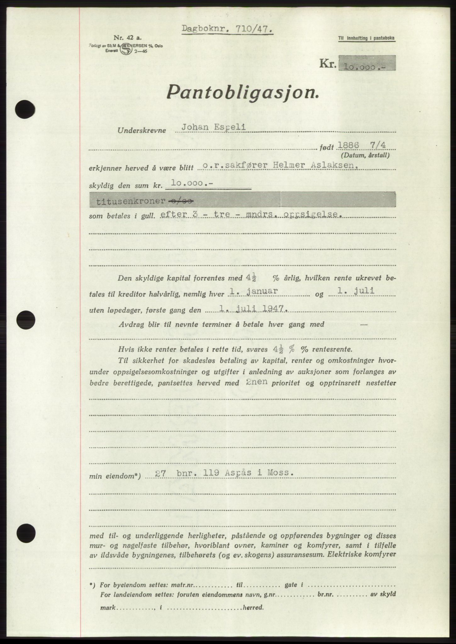 Moss sorenskriveri, SAO/A-10168: Pantebok nr. B16, 1946-1947, Dagboknr: 710/1947