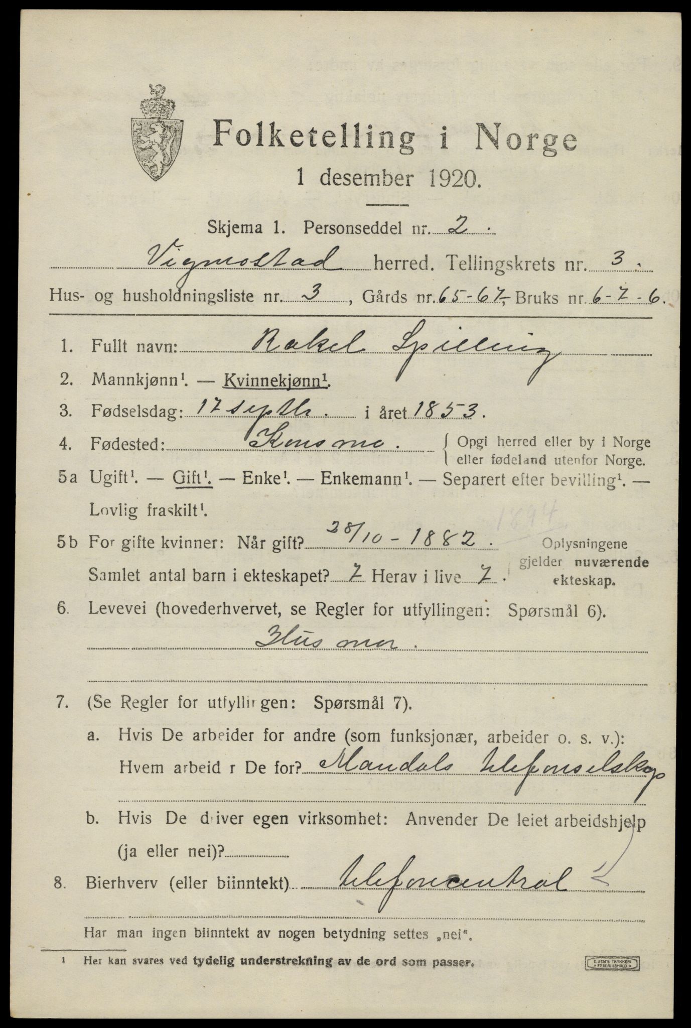 SAK, Folketelling 1920 for 1028 Vigmostad herred, 1920, s. 845