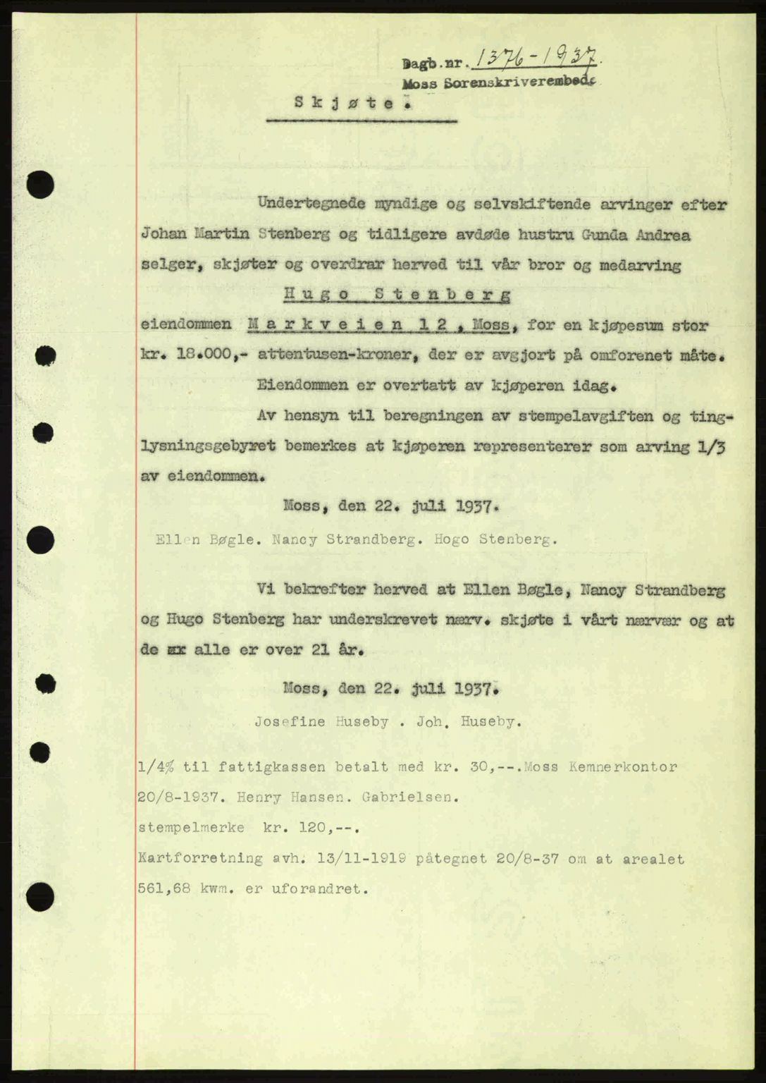 Moss sorenskriveri, SAO/A-10168: Pantebok nr. A3, 1937-1938, Dagboknr: 1376/1937