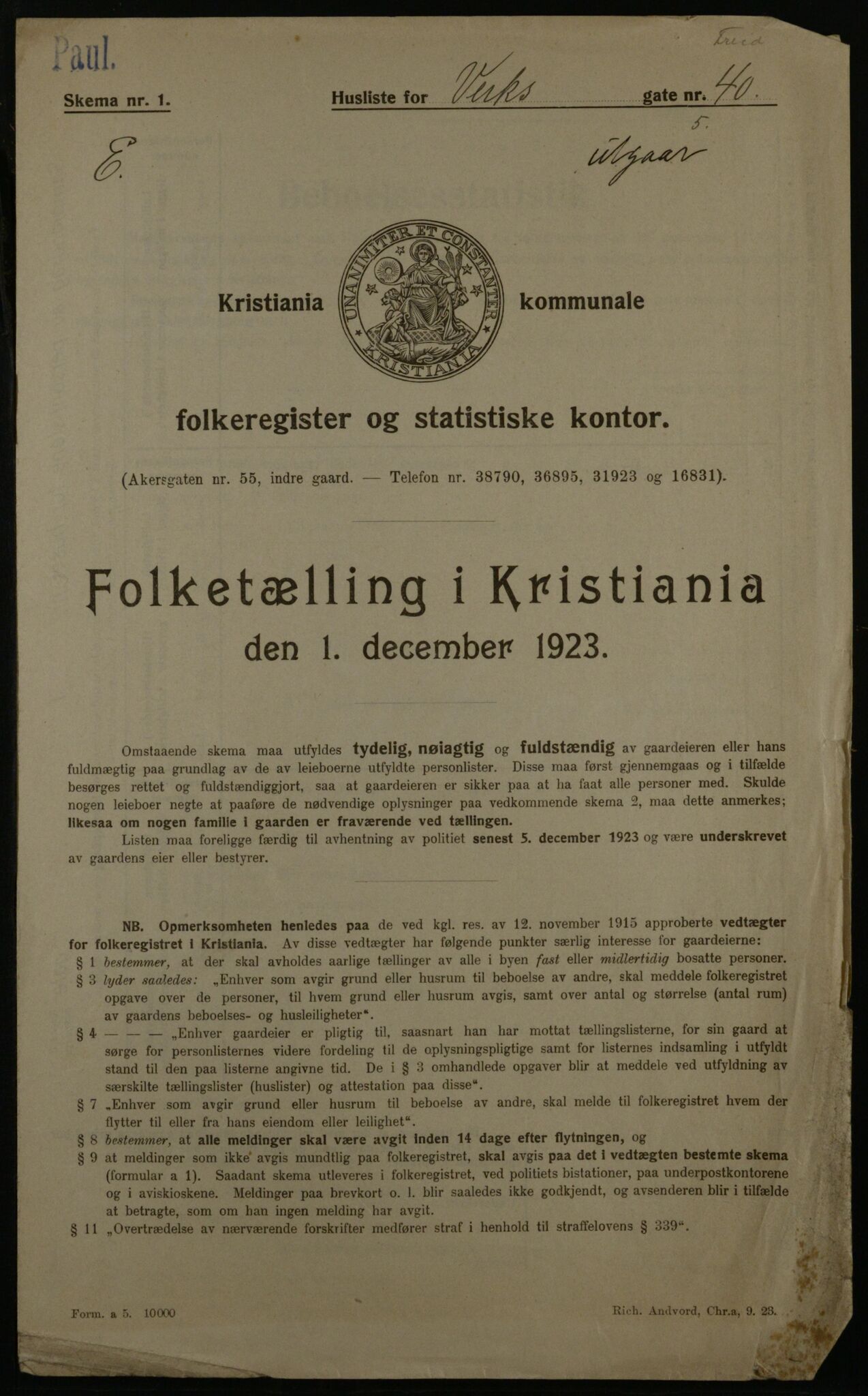 OBA, Kommunal folketelling 1.12.1923 for Kristiania, 1923, s. 135193