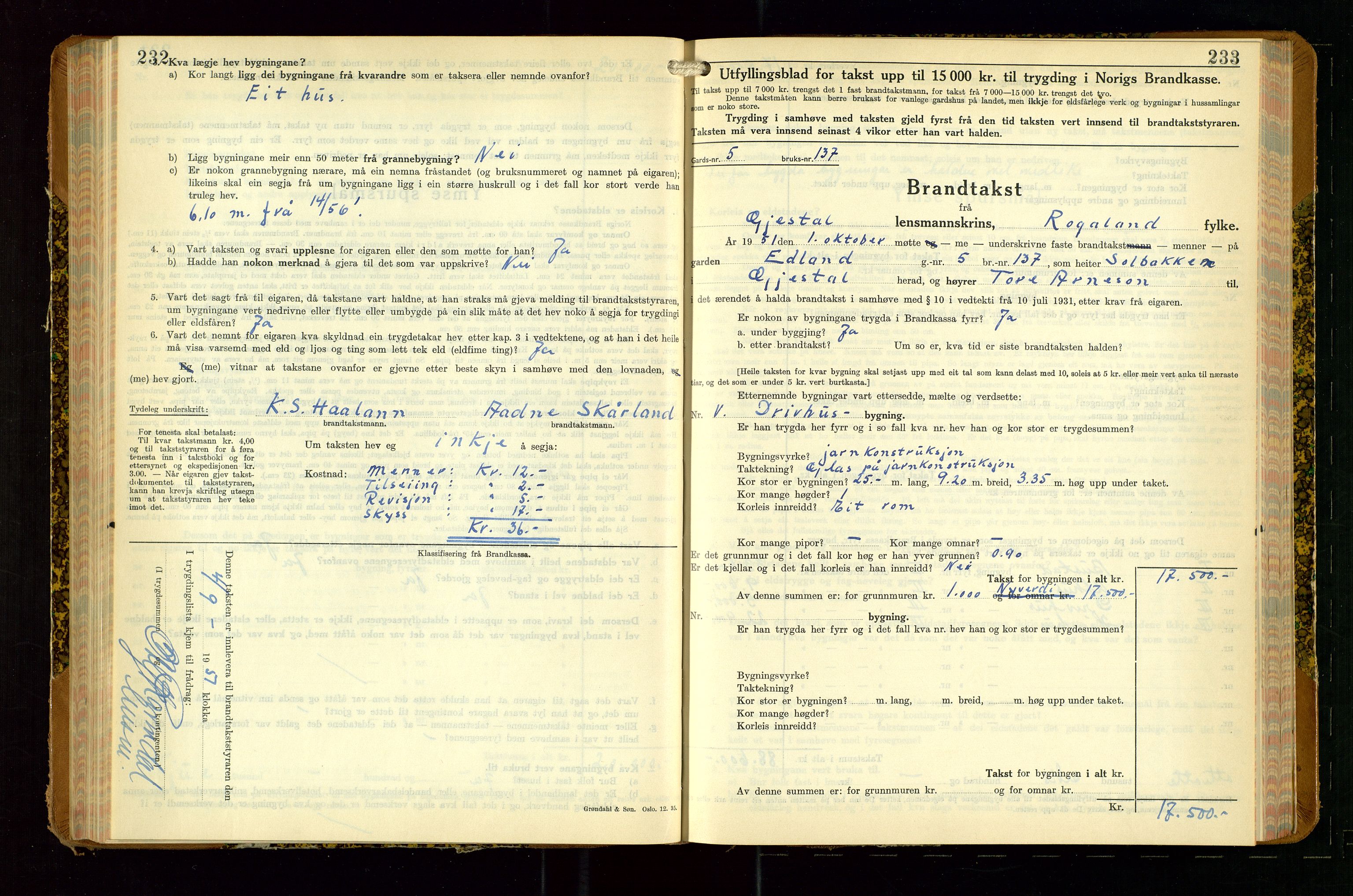 Gjesdal lensmannskontor, AV/SAST-A-100441/Go/L0008: Branntakstskjemaprotokoll, 1937-1955, s. 232-233