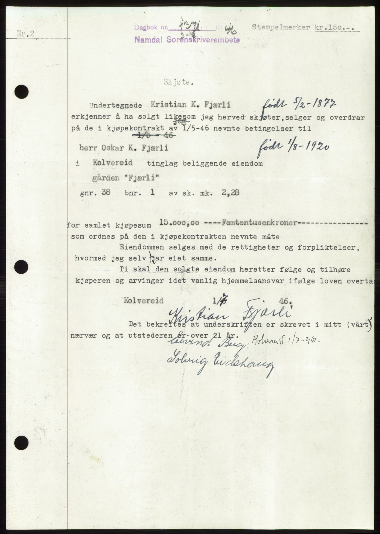 Namdal sorenskriveri, SAT/A-4133/1/2/2C: Pantebok nr. -, 1946-1946, Dagboknr: 1371/1946