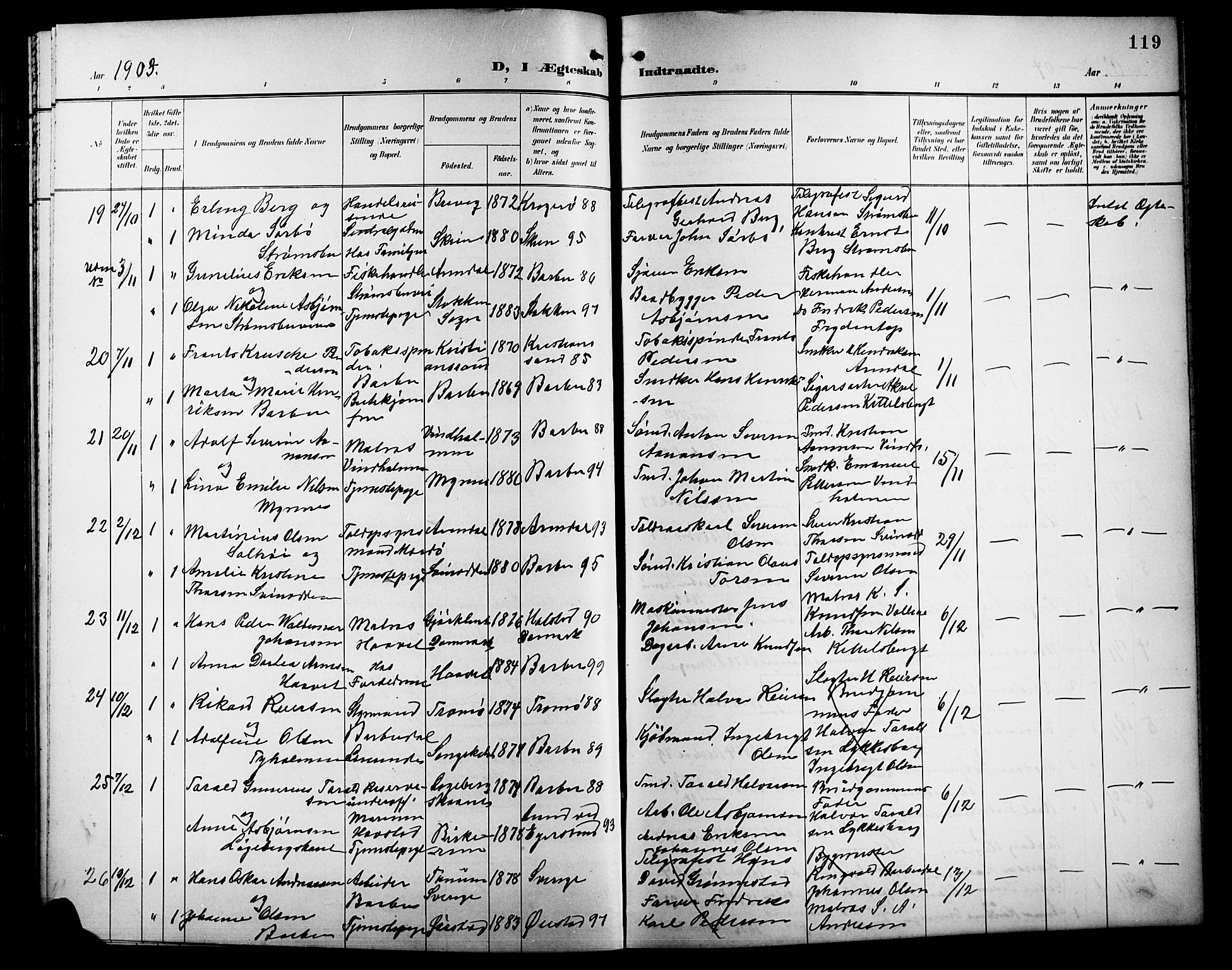 Barbu sokneprestkontor, AV/SAK-1111-0003/F/Fb/L0003: Klokkerbok nr. B 3, 1897-1911, s. 119