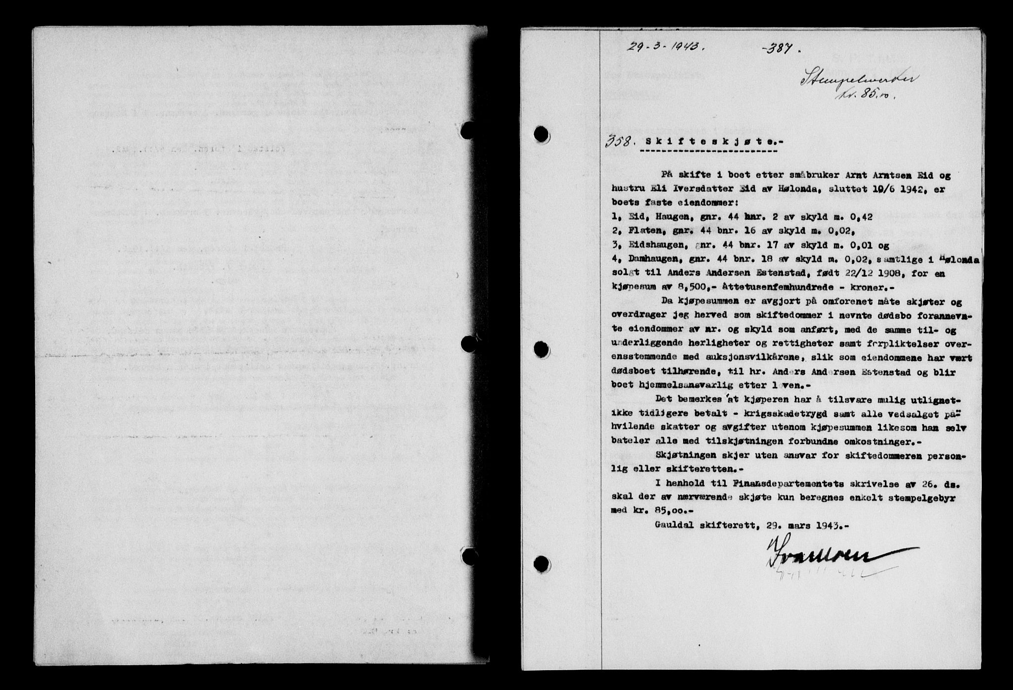 Gauldal sorenskriveri, SAT/A-0014/1/2/2C/L0056: Pantebok nr. 61, 1942-1943, Dagboknr: 358/1943
