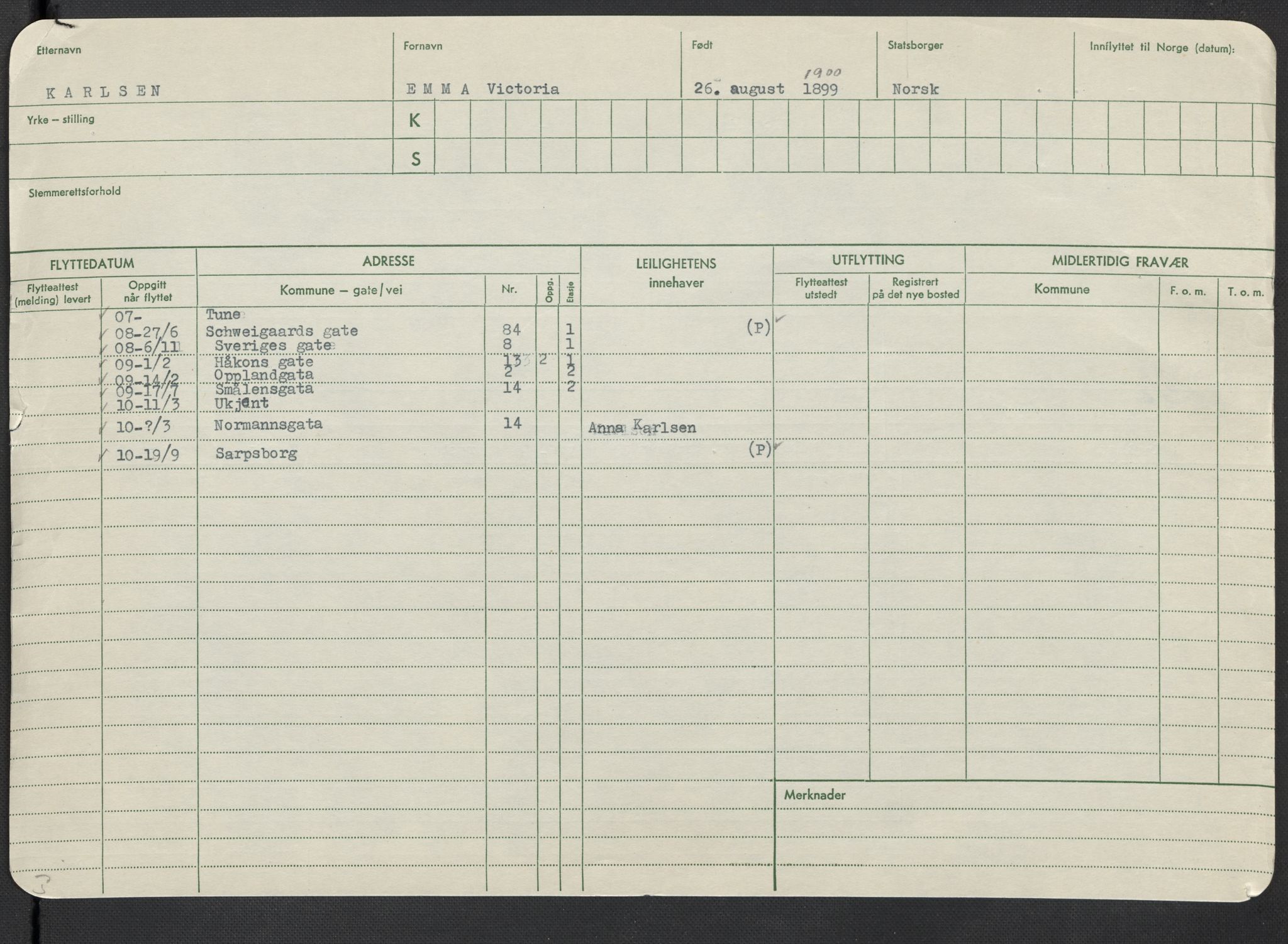 Oslo folkeregister, Registerkort, AV/SAO-A-11715/F/Fa/Fac/L0018: Kvinner, 1906-1914, s. 826a