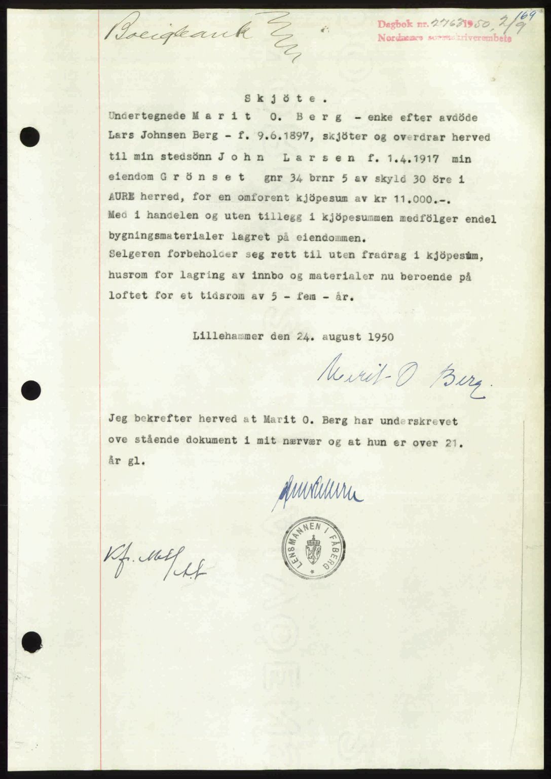 Nordmøre sorenskriveri, SAT/A-4132/1/2/2Ca: Pantebok nr. A116, 1950-1950, Dagboknr: 2763/1950