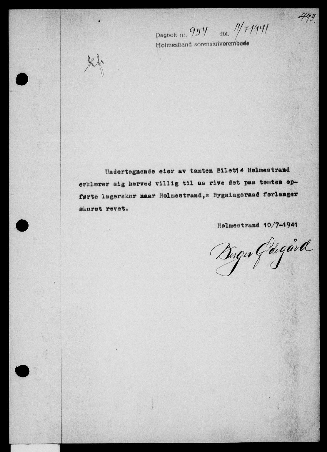 Holmestrand sorenskriveri, SAKO/A-67/G/Ga/Gaa/L0053: Pantebok nr. A-53, 1941-1941, Dagboknr: 954/1941
