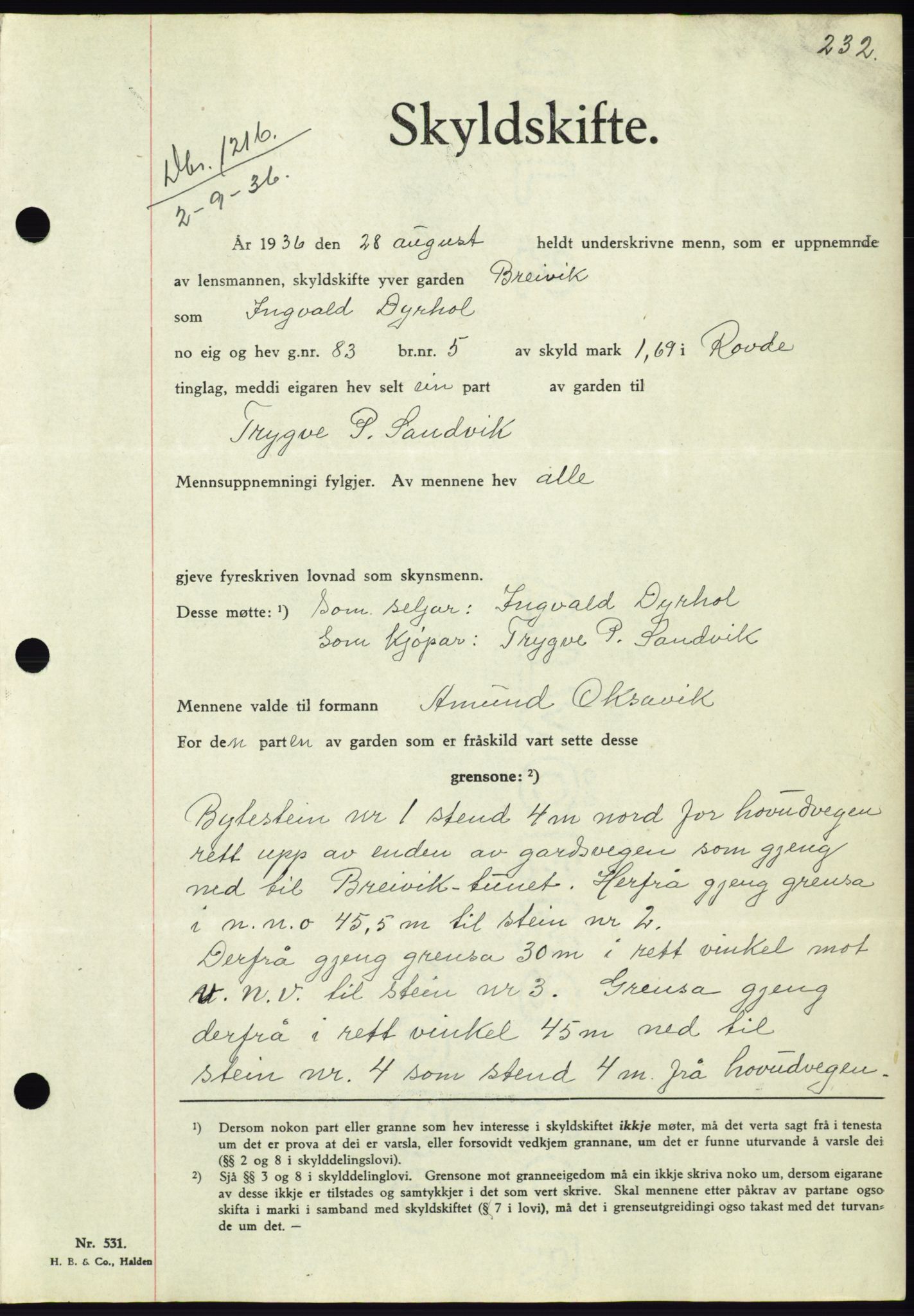 Søre Sunnmøre sorenskriveri, AV/SAT-A-4122/1/2/2C/L0061: Pantebok nr. 55, 1936-1936, Dagboknr: 1216/1936