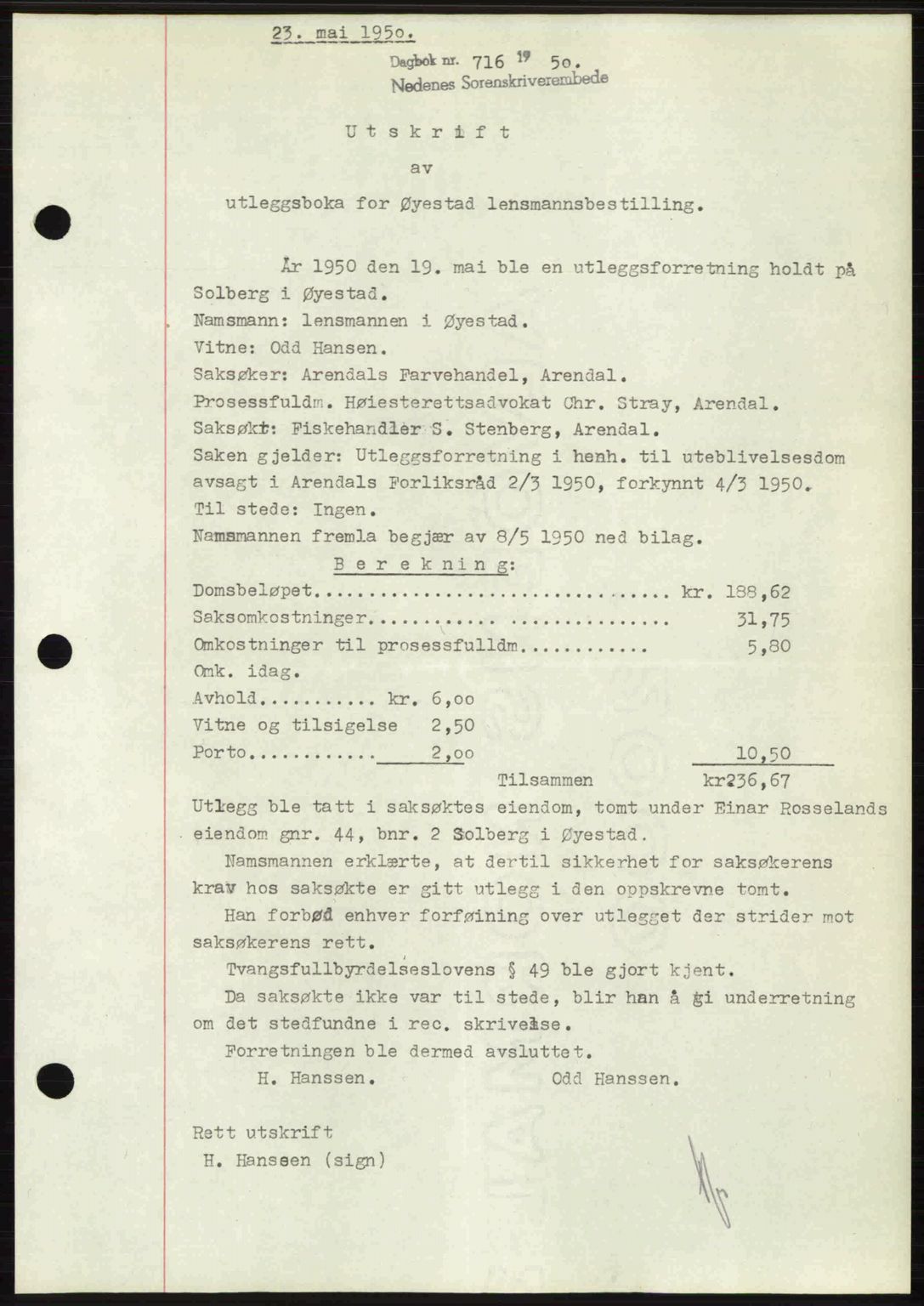 Nedenes sorenskriveri, SAK/1221-0006/G/Gb/Gba/L0062: Pantebok nr. A14, 1949-1950, Dagboknr: 716/1950