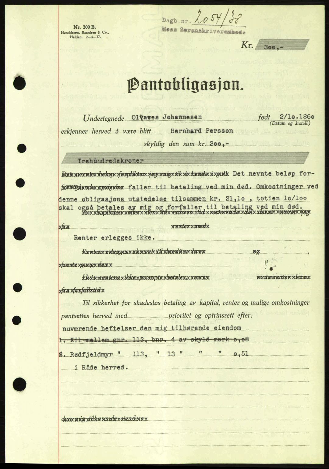 Moss sorenskriveri, SAO/A-10168: Pantebok nr. B6, 1938-1938, Dagboknr: 2054/1938