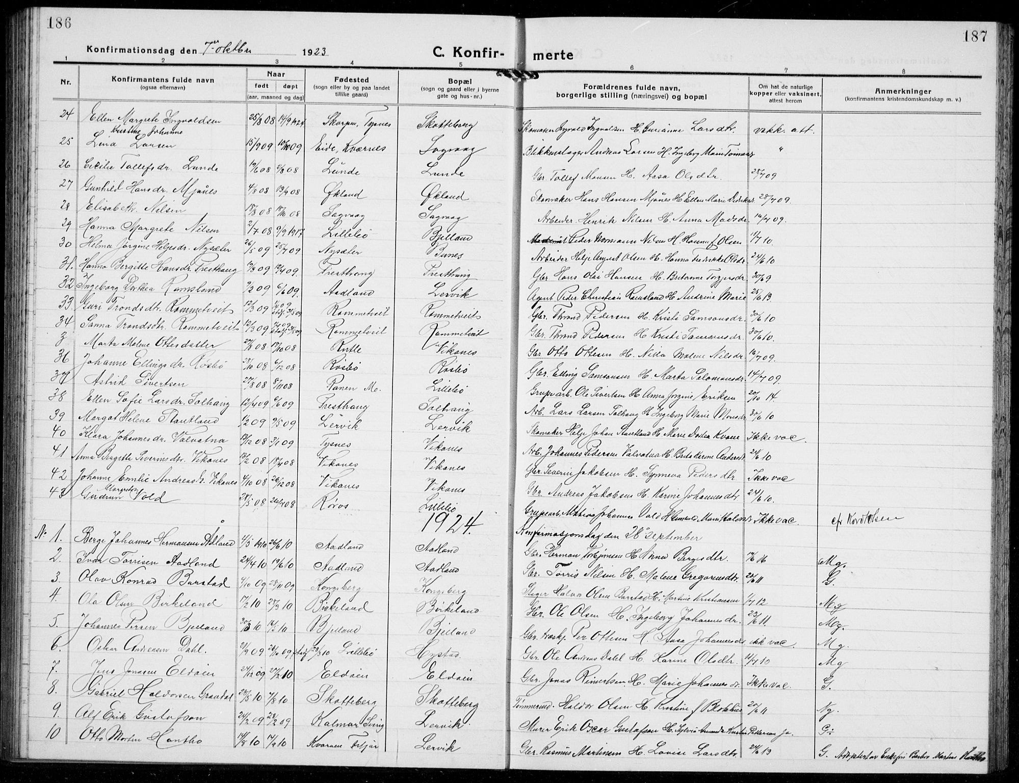 Stord sokneprestembete, AV/SAB-A-78201/H/Hab/Haba/L0004: Klokkerbok nr. A 4, 1919-1933, s. 186-187