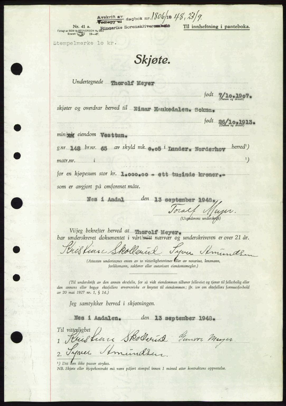 Ringerike sorenskriveri, SAKO/A-105/G/Ga/Gab/L0088: Pantebok nr. A-19, 1948-1948, Dagboknr: 1806/1948