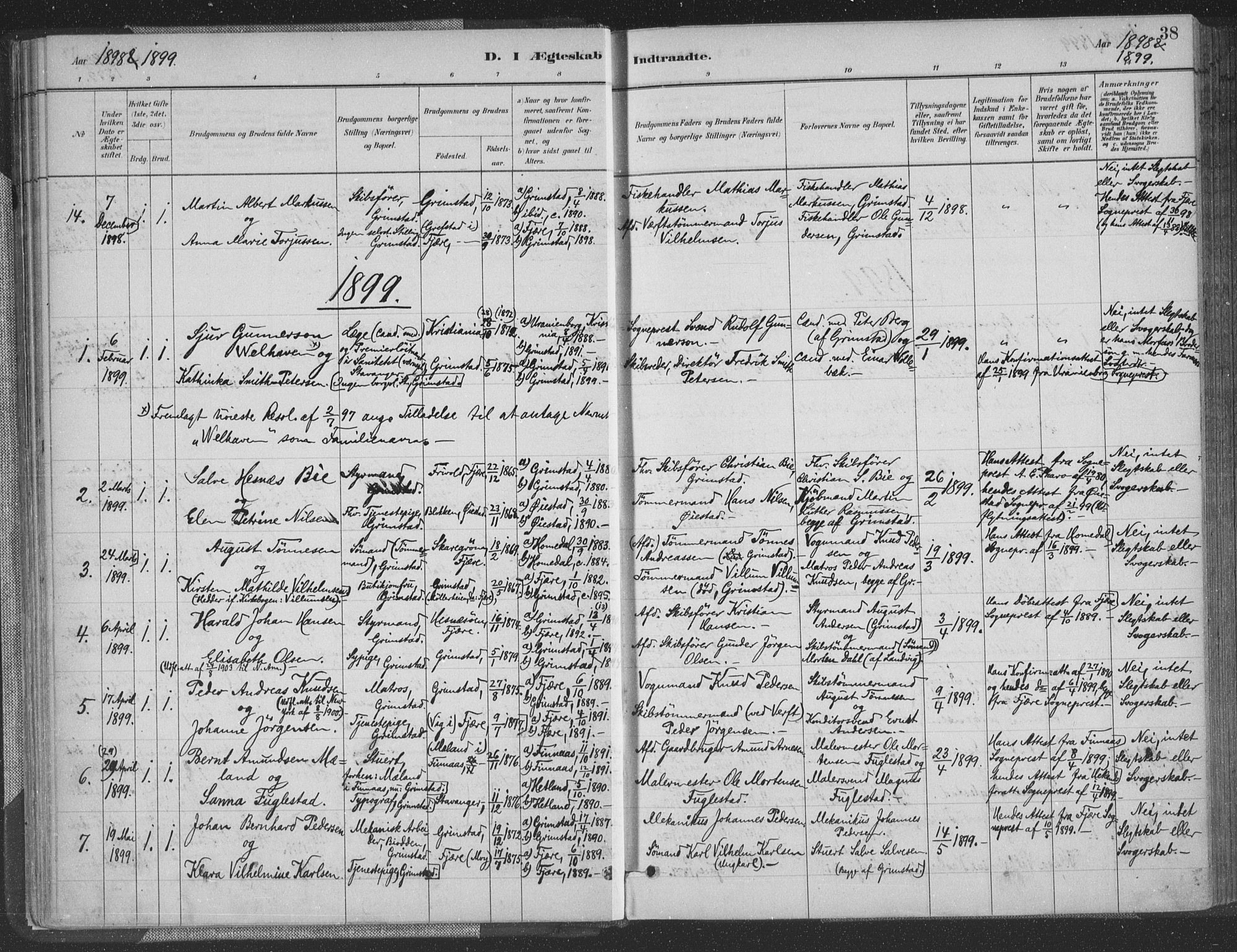 Grimstad sokneprestkontor, AV/SAK-1111-0017/F/Fa/L0004: Ministerialbok nr. A 3, 1882-1910, s. 38