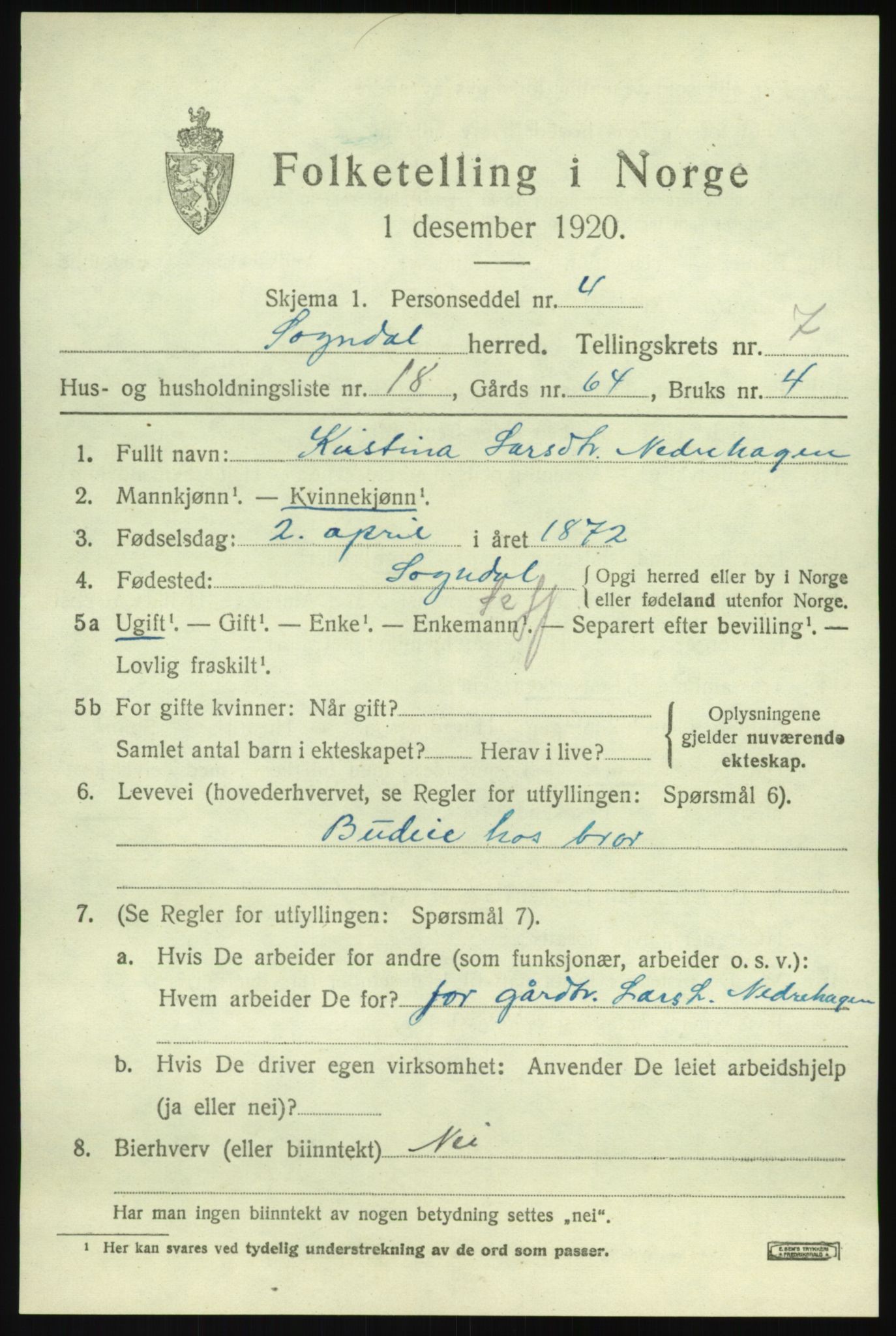 SAB, Folketelling 1920 for 1420 Sogndal herred, 1920, s. 3597